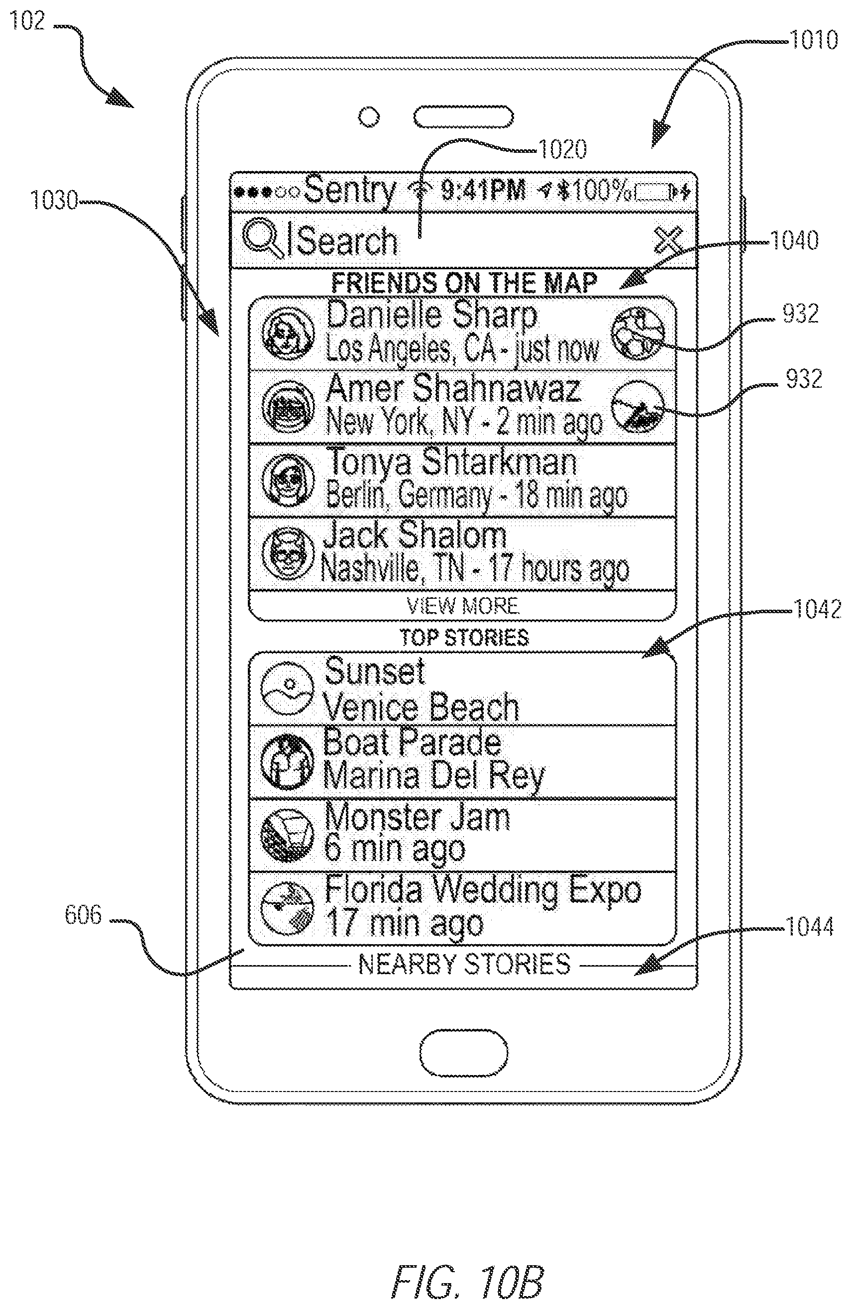 Patent US11782574 Figure 14 – Map-based graphical user interface indicating geospatial activity metrics