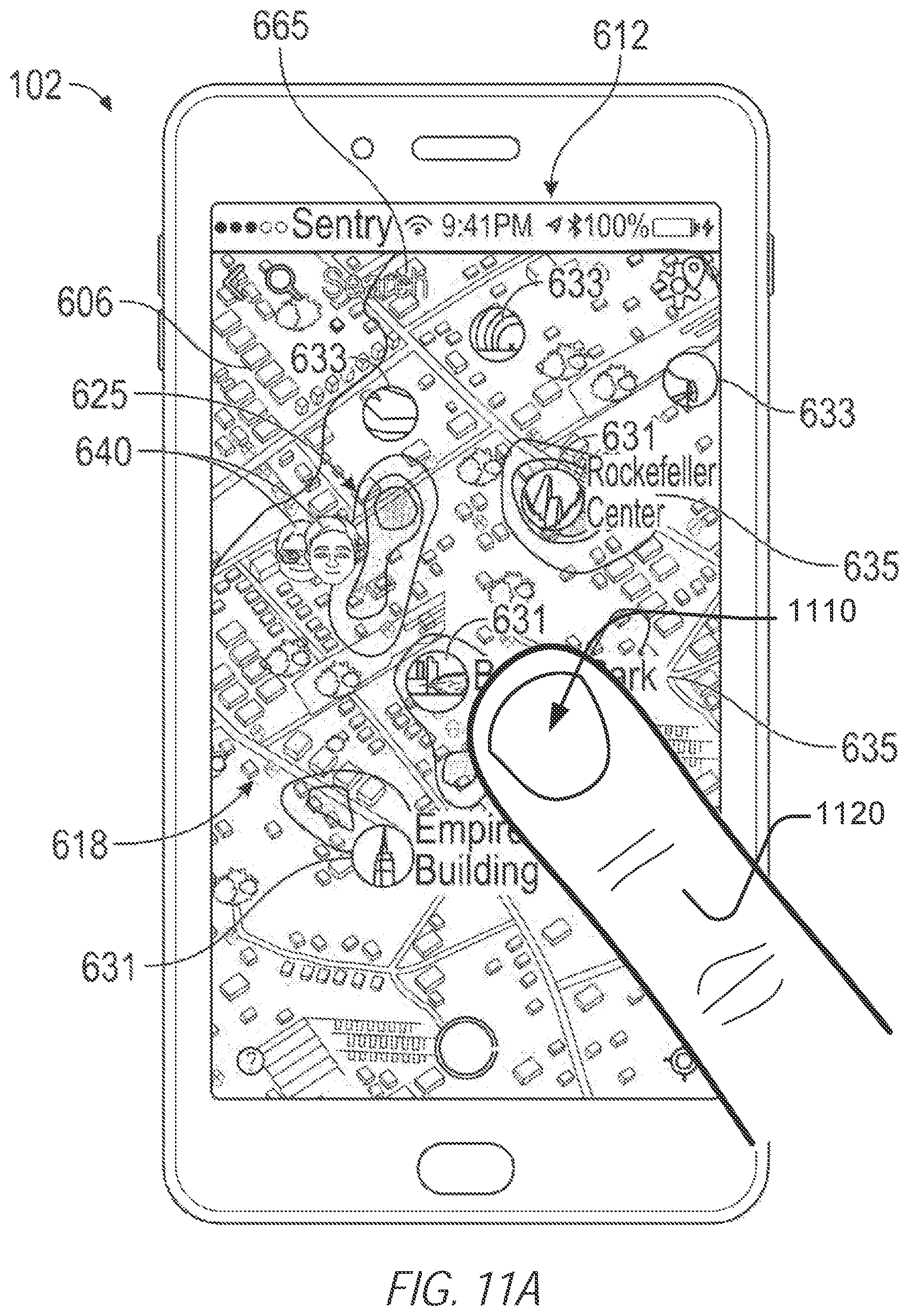 Patent US11782574 Figure 16 – Map-based graphical user interface indicating geospatial activity metrics