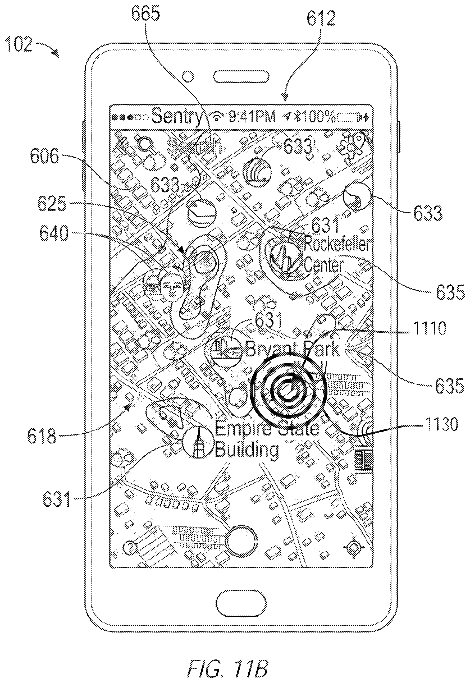 Patent US11782574 Figure 17 – Map-based graphical user interface indicating geospatial activity metrics