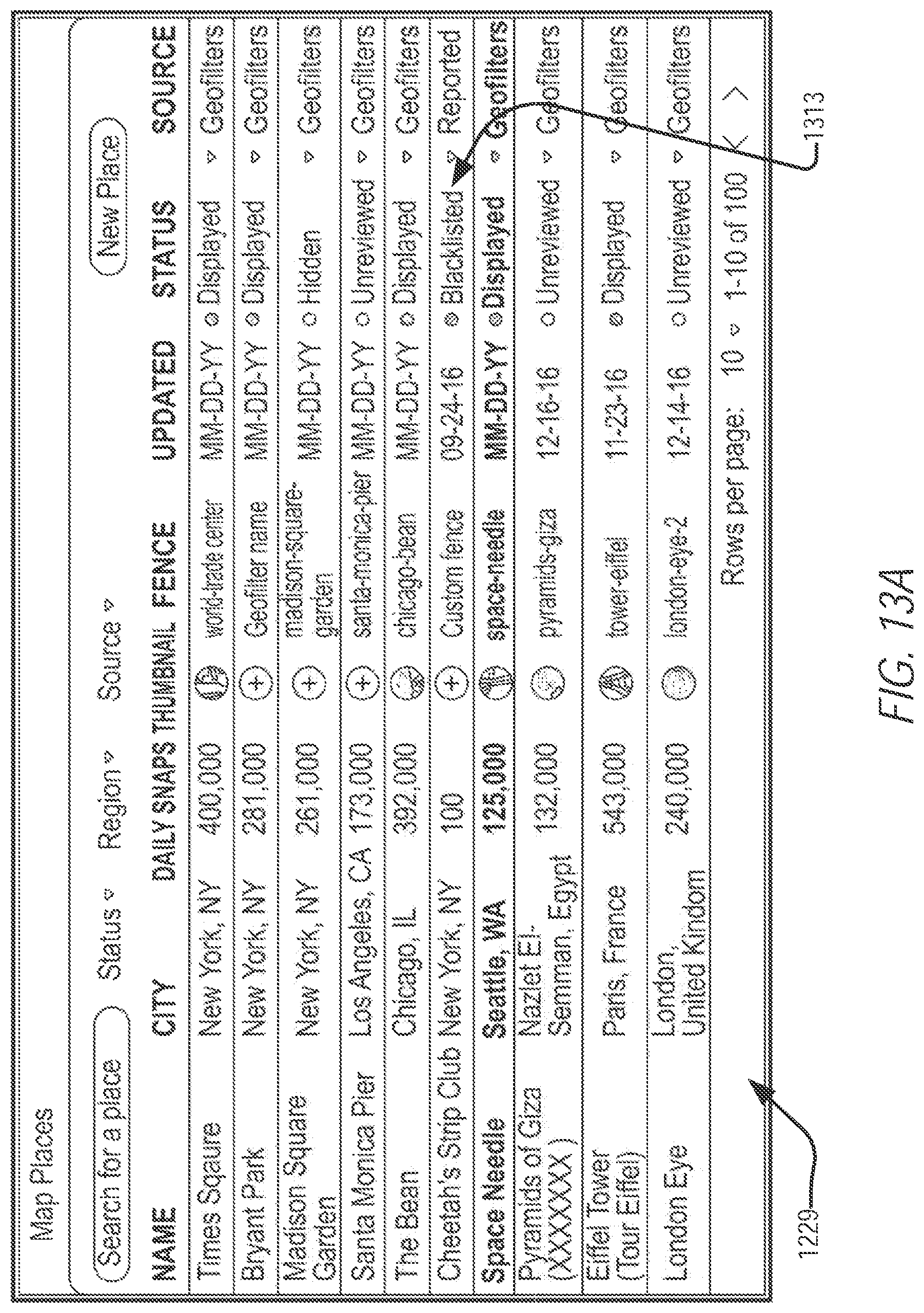 Patent US11782574 Figure 19 – Map-based graphical user interface indicating geospatial activity metrics