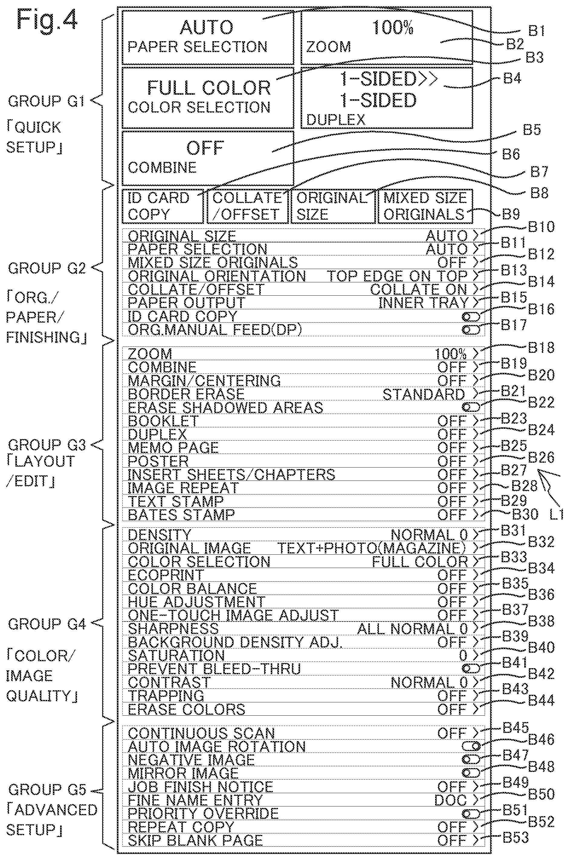 Patent US11782597 Figure 5 – Display apparatus that displays menu item indicating name of group including item to be set displayed at uppermost position of scrollable display region, in different display style from other menu items, and image forming apparatus