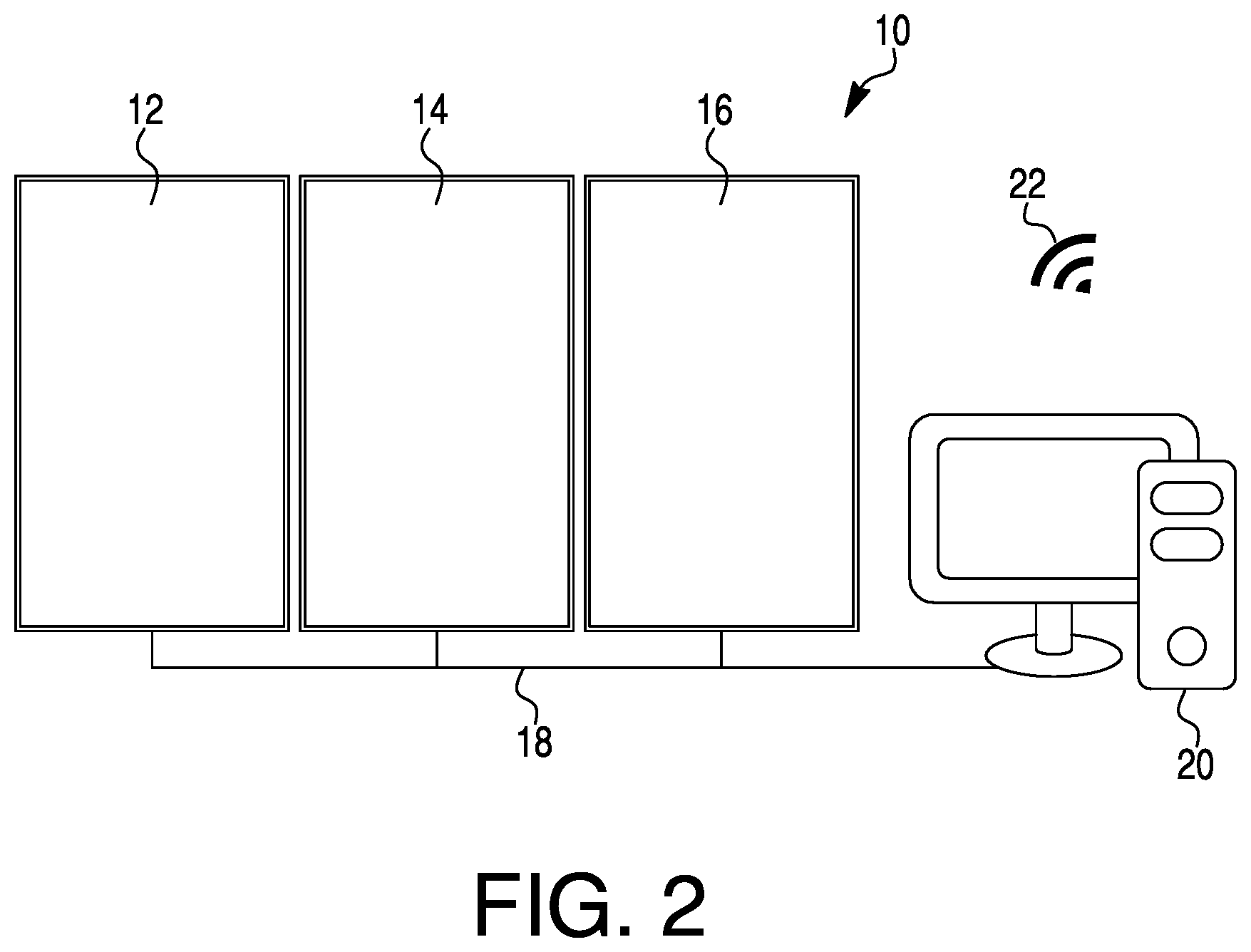 Patent US11782667 Figure 2 – Multi-panel, multi-communication video wall and system and method for seamlessly isolating one or more panels for individual user interaction