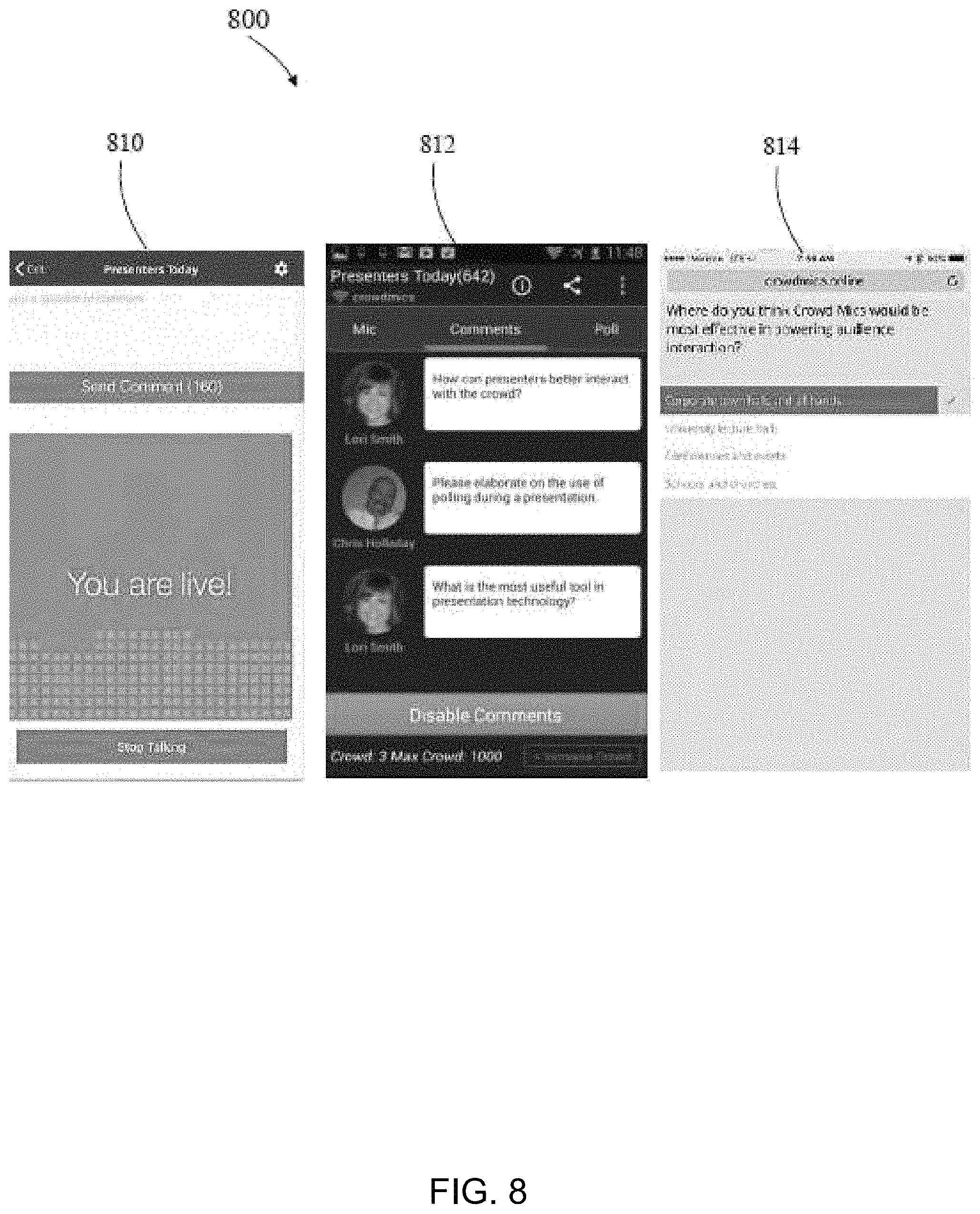 Patent US11782674 Figure 8 – Centrally controlling communication at a venue