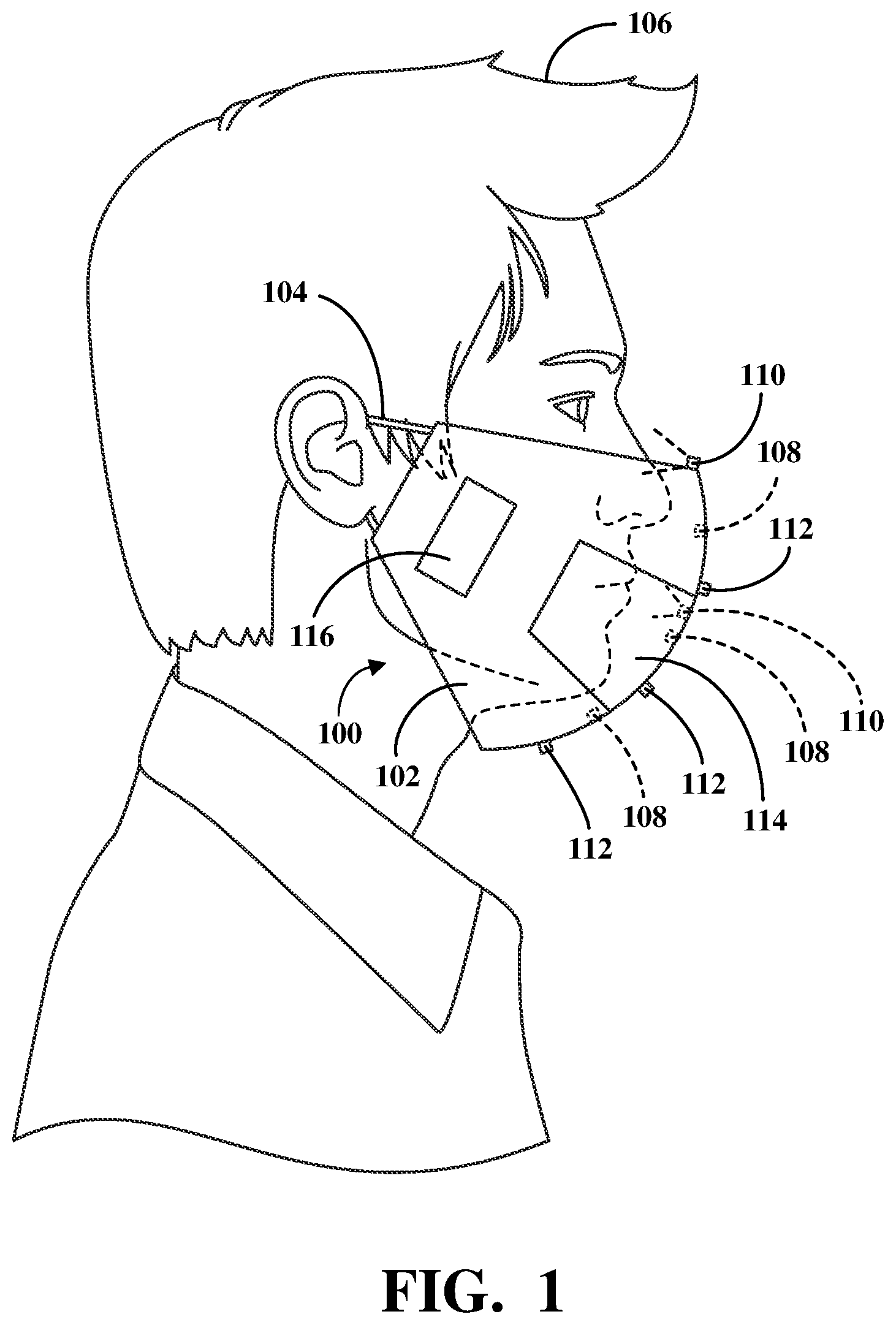 Patent US11782676 Figure 1 – Multi-modal input capture and output presentation system for enhancing communications using face coverings