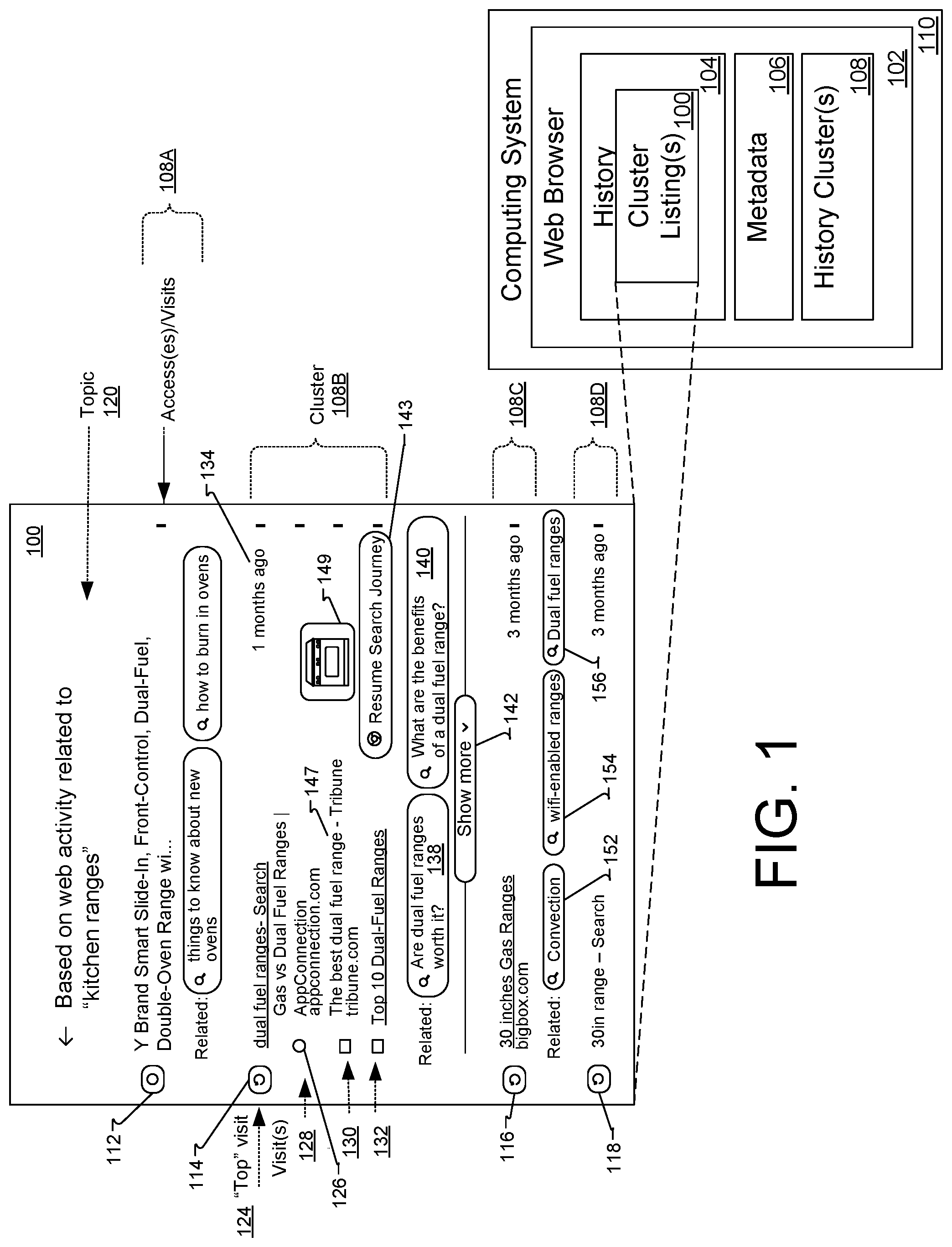 Patent US11783003 Figure 1 – User interfaces for surfacing web browser history data