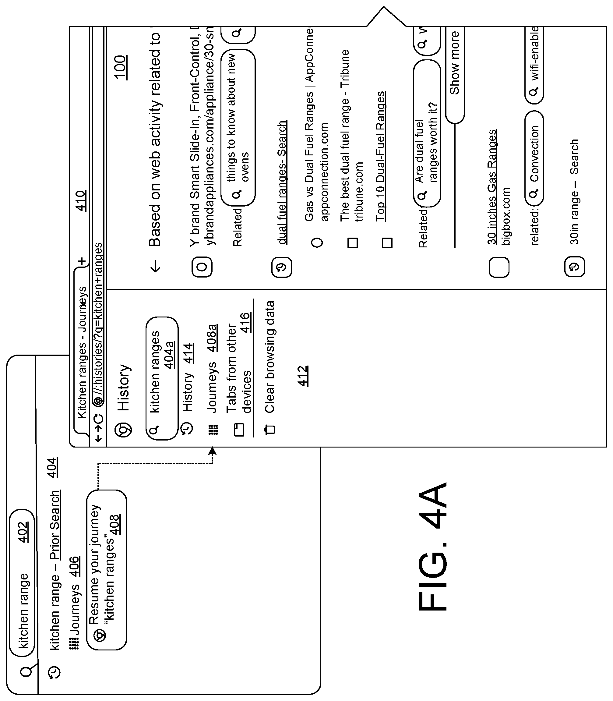 Patent US11783003 Figure 4 – User interfaces for surfacing web browser history data