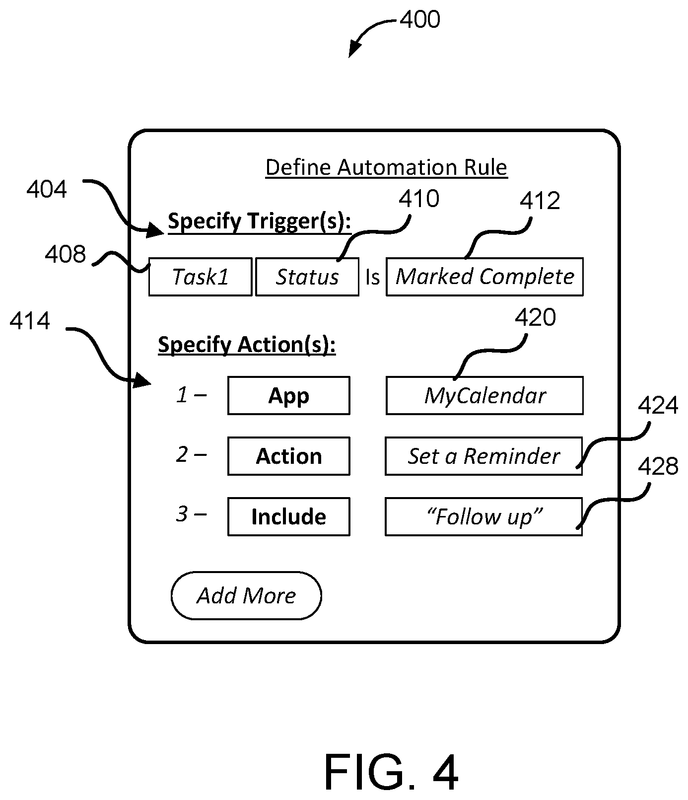 Patent US11783253 Figure 4 – Systems and methods to effectuate sets of automated actions outside and/or within a collaboration environment based on trigger events occurring outside and/or within the collaboration environment