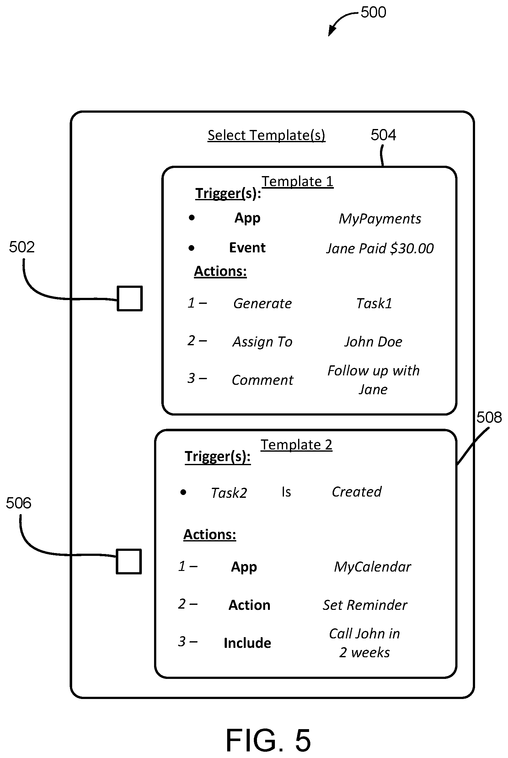 Patent US11783253 Figure 5 – Systems and methods to effectuate sets of automated actions outside and/or within a collaboration environment based on trigger events occurring outside and/or within the collaboration environment