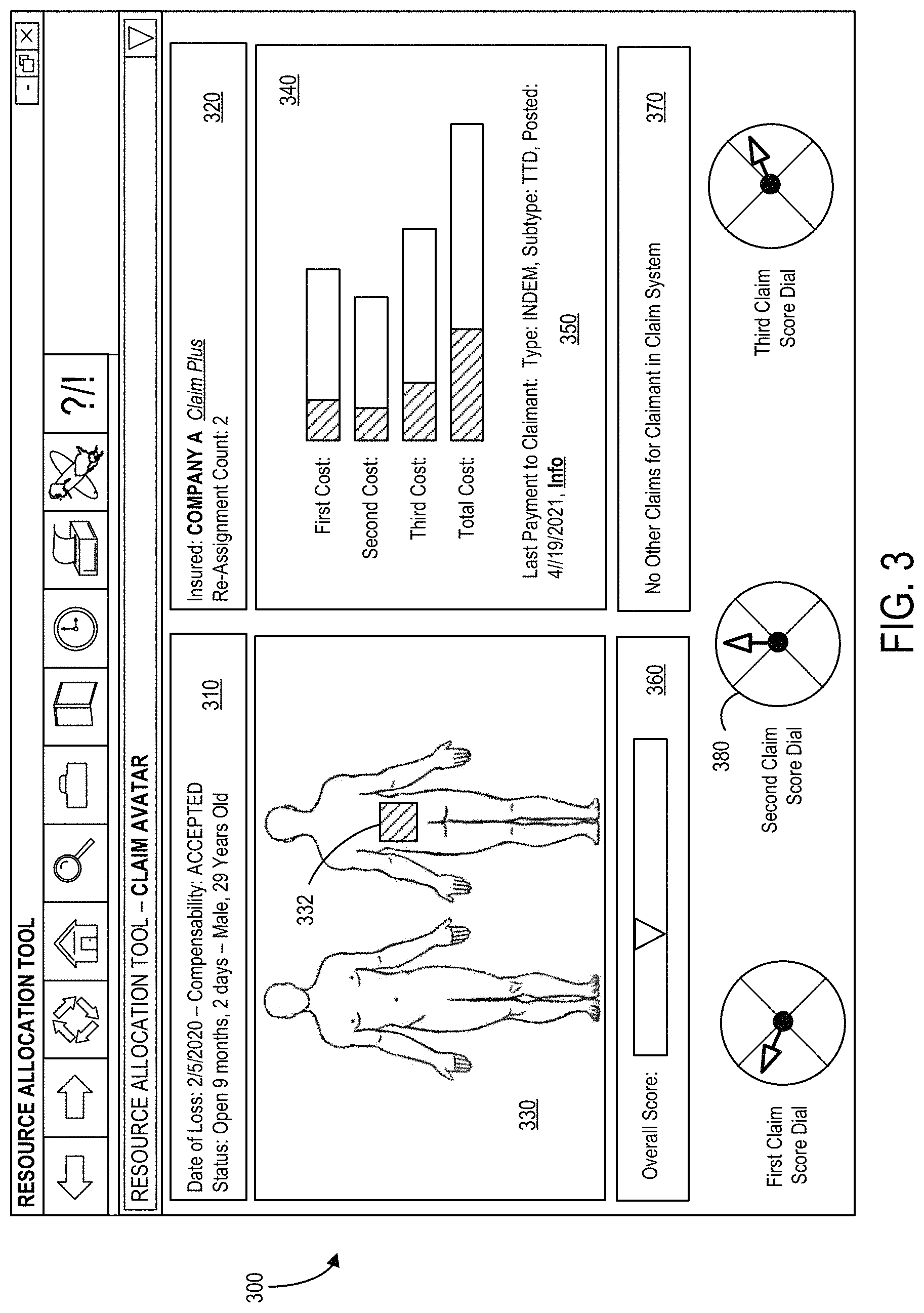 Patent US11783259 Figure 3 – Interactive graphical user interface for insurance claim handlers including identifying insurance claim risks and health scores via a body diagram dashboard