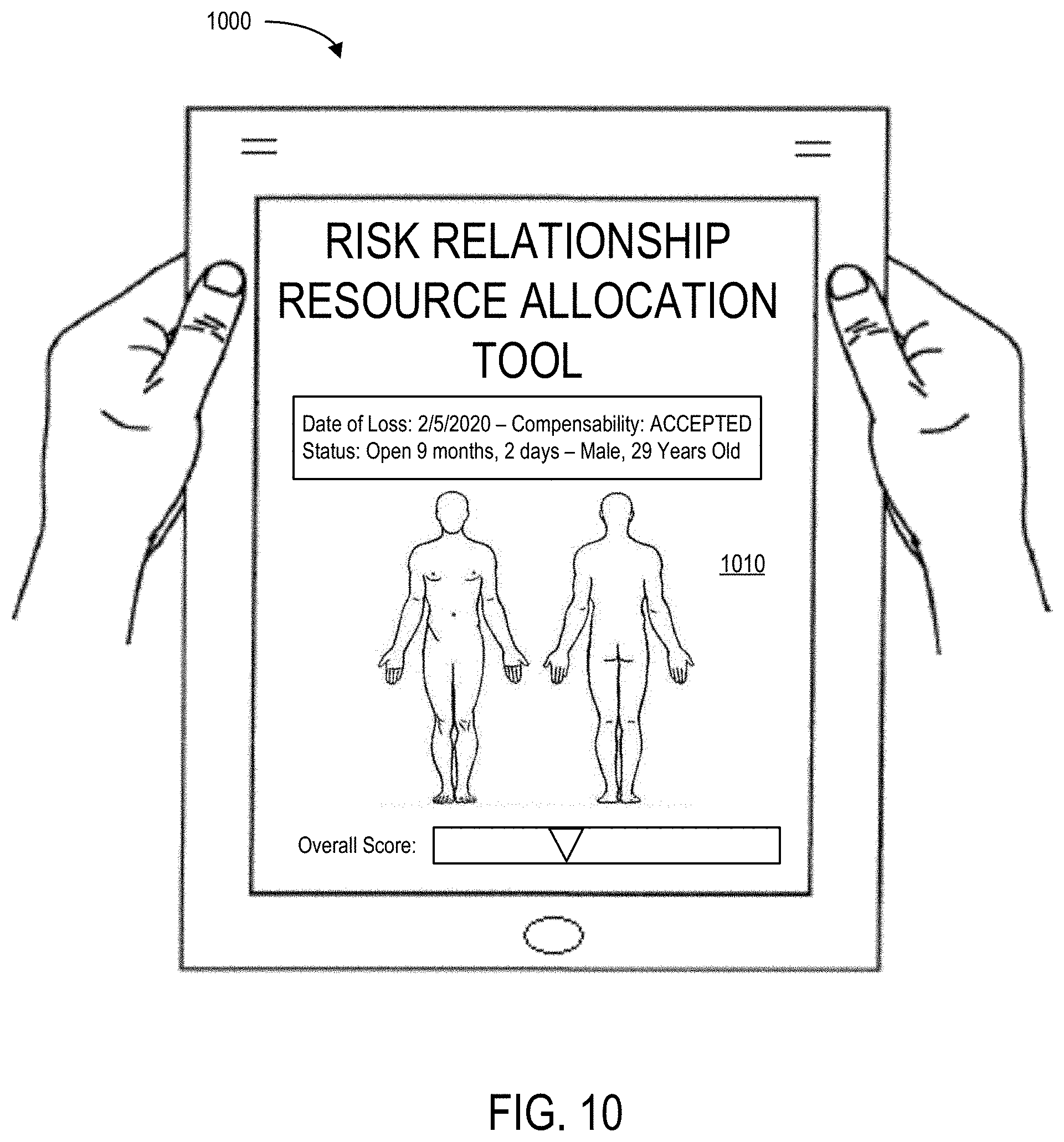 Patent US11783259 Figure 10 – Interactive graphical user interface for insurance claim handlers including identifying insurance claim risks and health scores via a body diagram dashboard