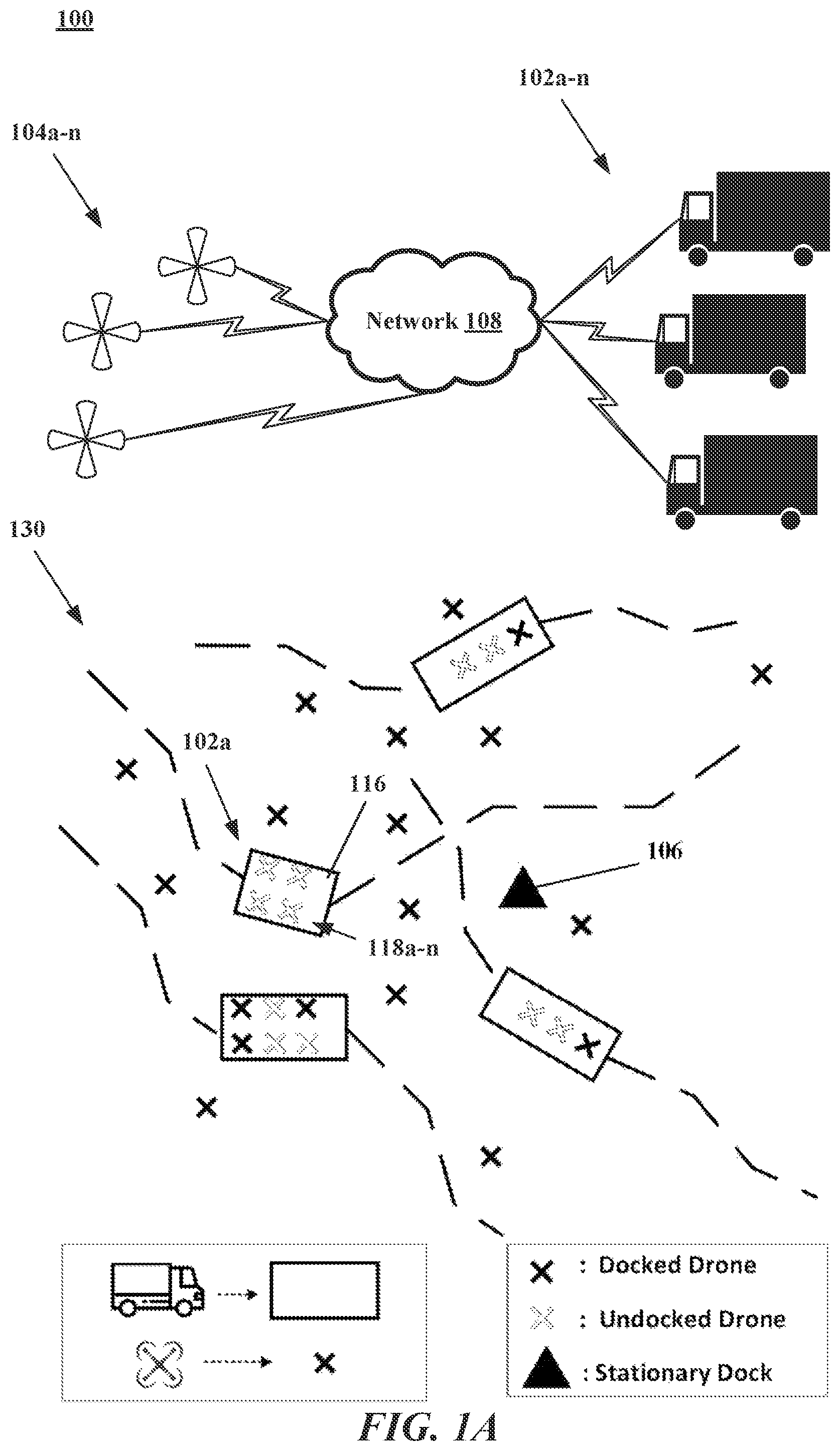 Patent US11783274 Figure 1 – Systems and methods for a decentralized hybrid air-ground autonomous last-mile goods delivery