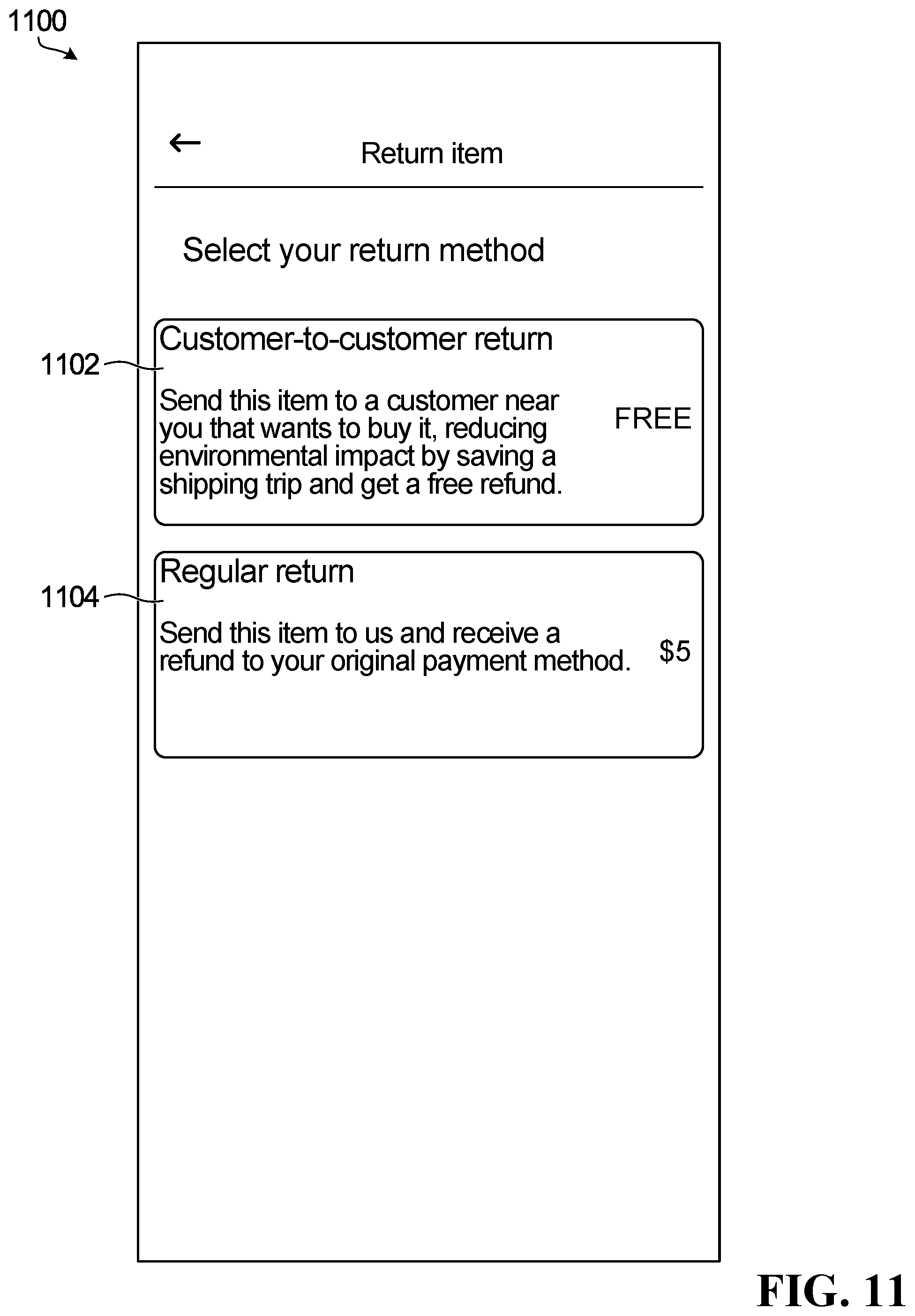 Patent US11783284 Figure 11 – Systems and methods for facilitating e-commerce product returns using an online marketplace