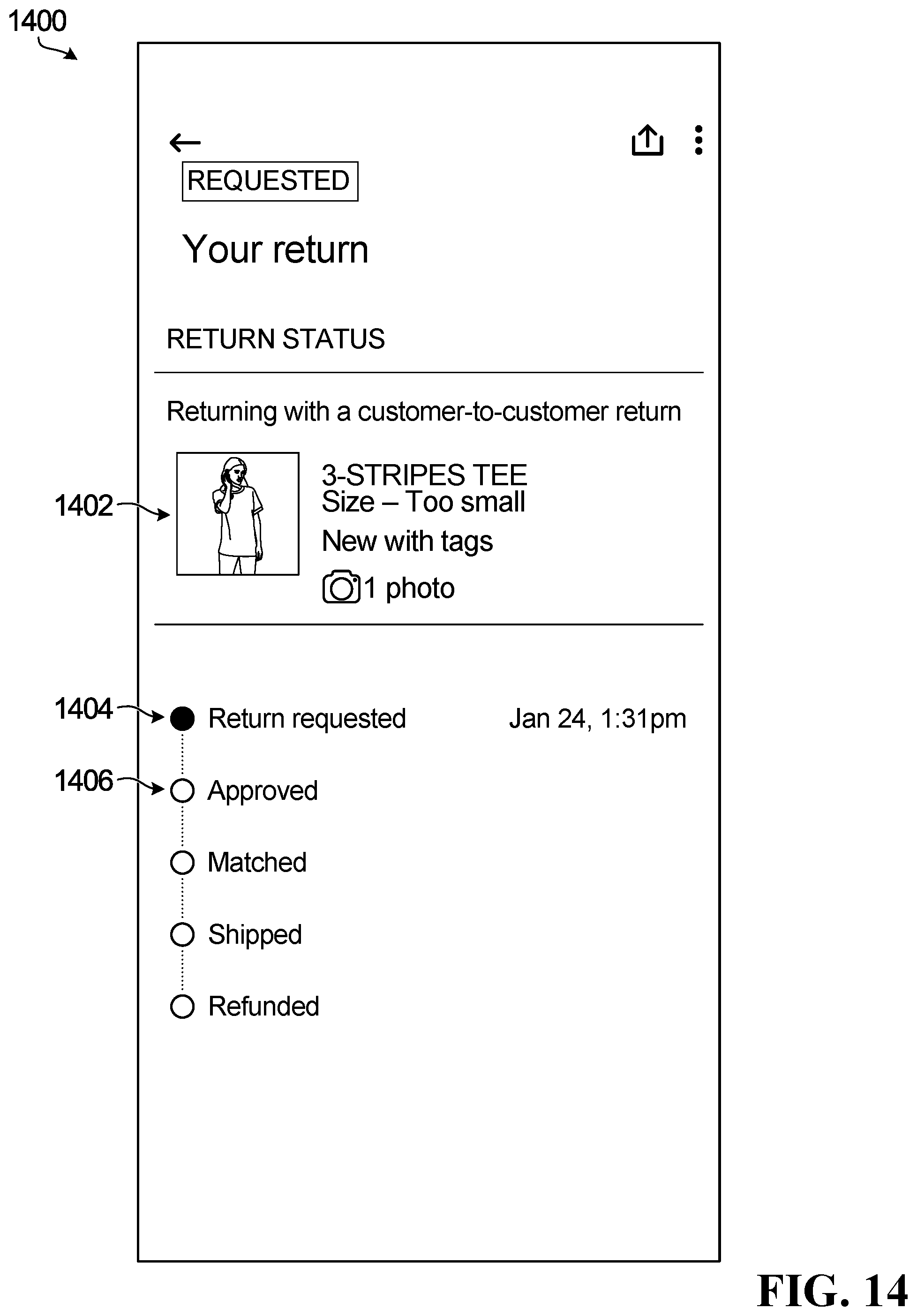 Patent US11783284 Figure 14 – Systems and methods for facilitating e-commerce product returns using an online marketplace