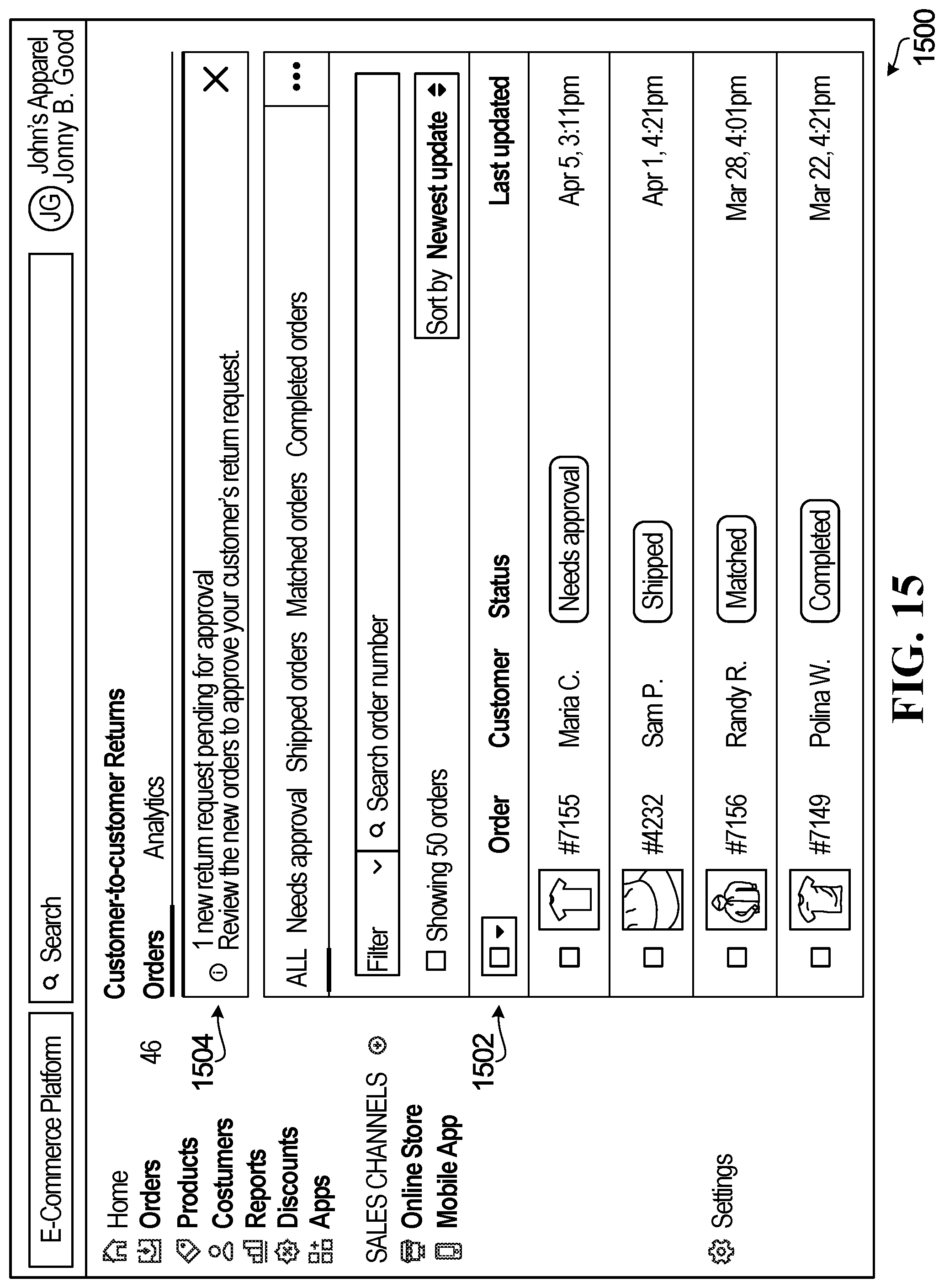 Patent US11783284 Figure 15 – Systems and methods for facilitating e-commerce product returns using an online marketplace