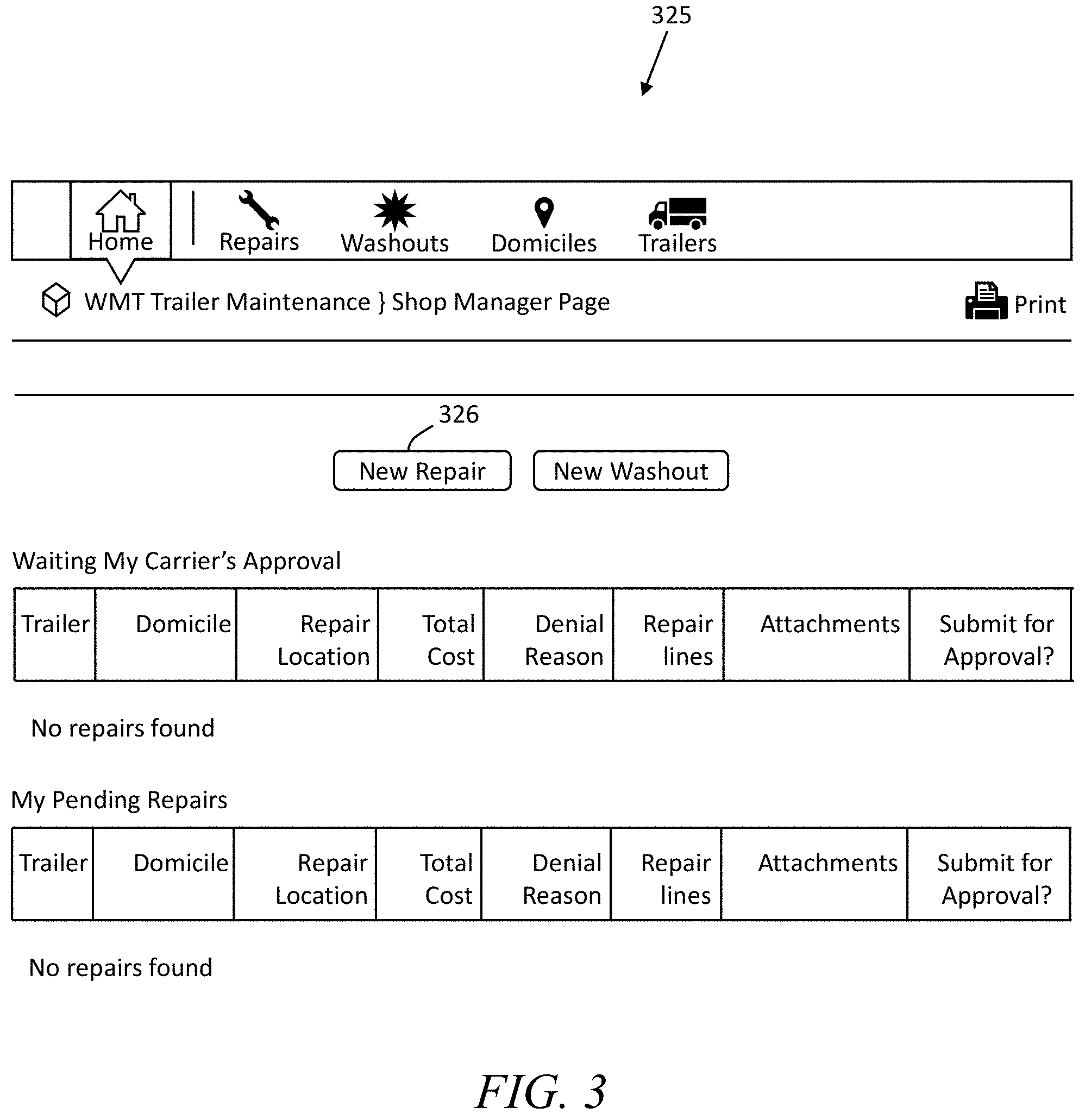 Patent US11783303 Figure 3 – Systems and methods for processing trailer repair requests submitted by carriers