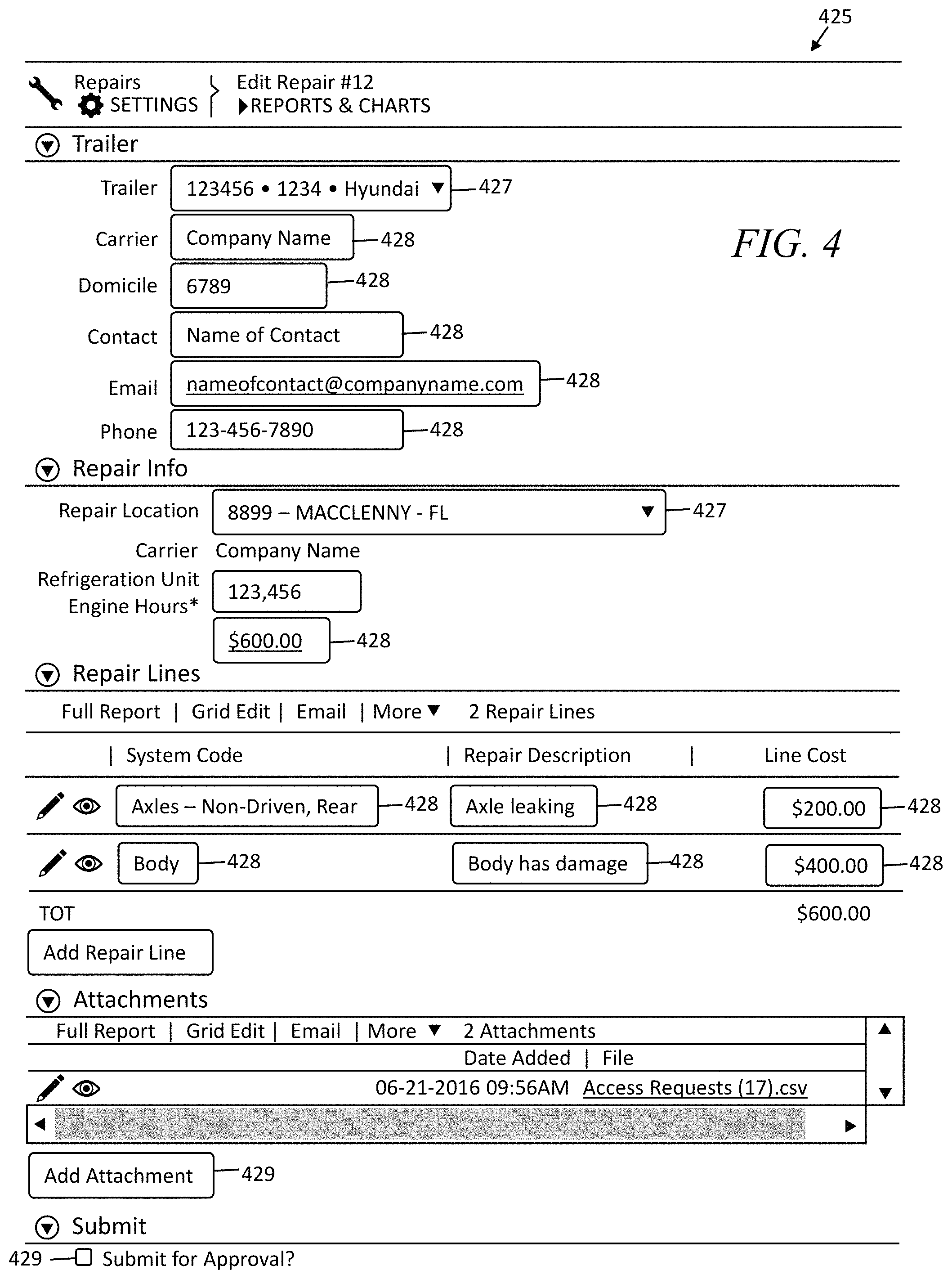 Patent US11783303 Figure 4 – Systems and methods for processing trailer repair requests submitted by carriers