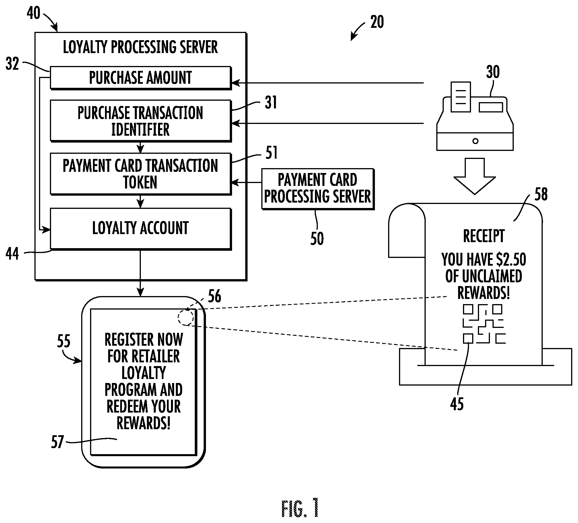 Patent US11783361 Figure 1 – System for generating a loyalty account based upon payment card transaction token and related methods