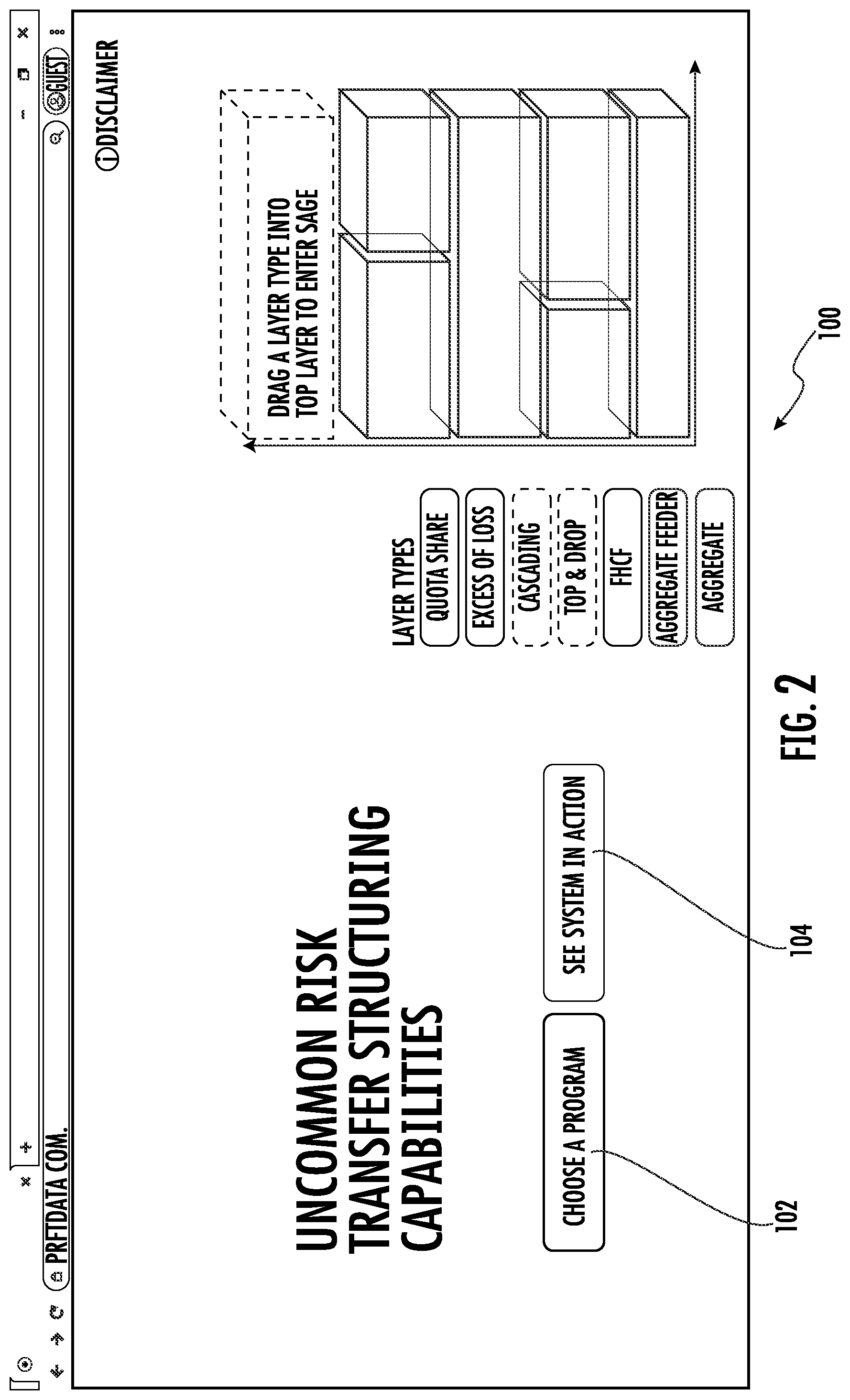 Patent US11783427 Figure 2 – Systems and methods for custom and real-time visualization, comparison and analysis of insurance and reinsurance structures