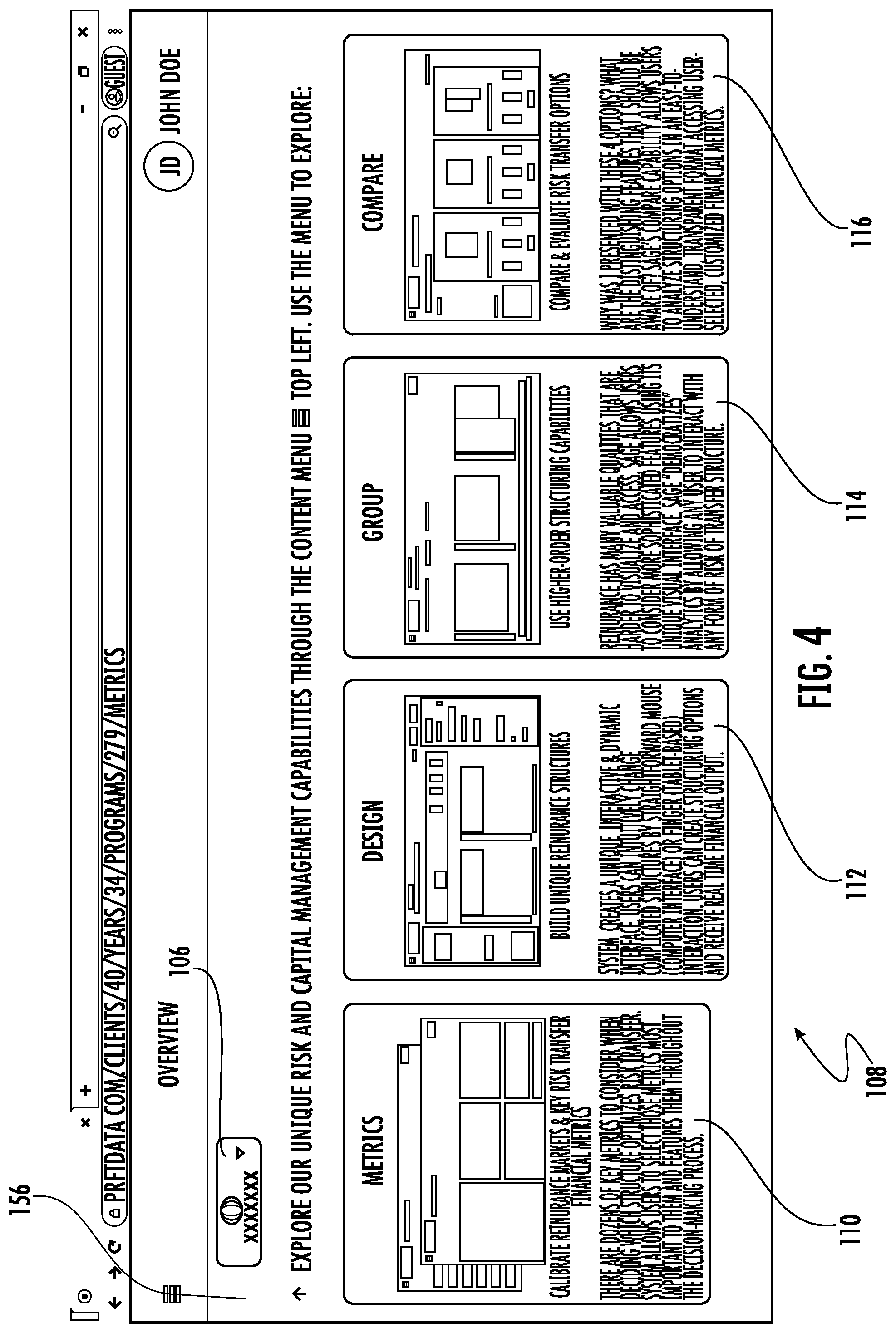 Patent US11783427 Figure 4 – Systems and methods for custom and real-time visualization, comparison and analysis of insurance and reinsurance structures