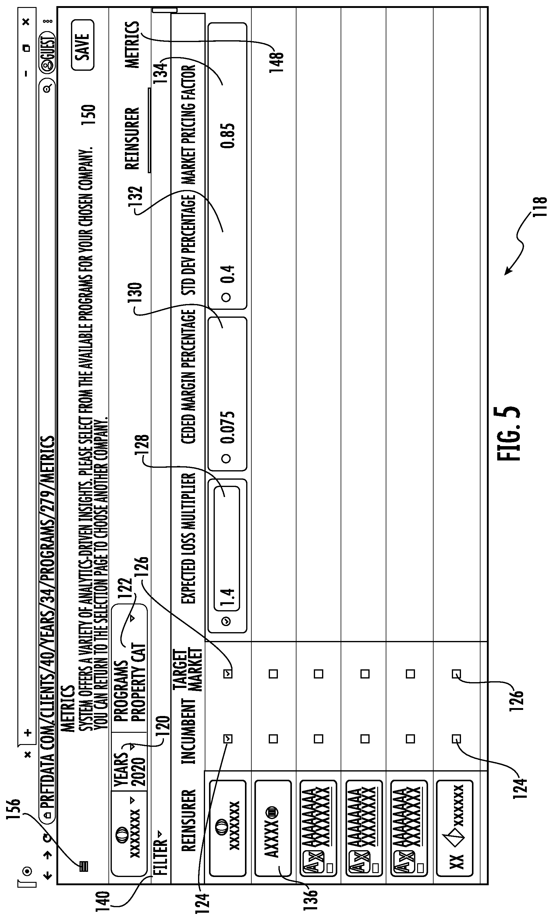 Patent US11783427 Figure 5 – Systems and methods for custom and real-time visualization, comparison and analysis of insurance and reinsurance structures