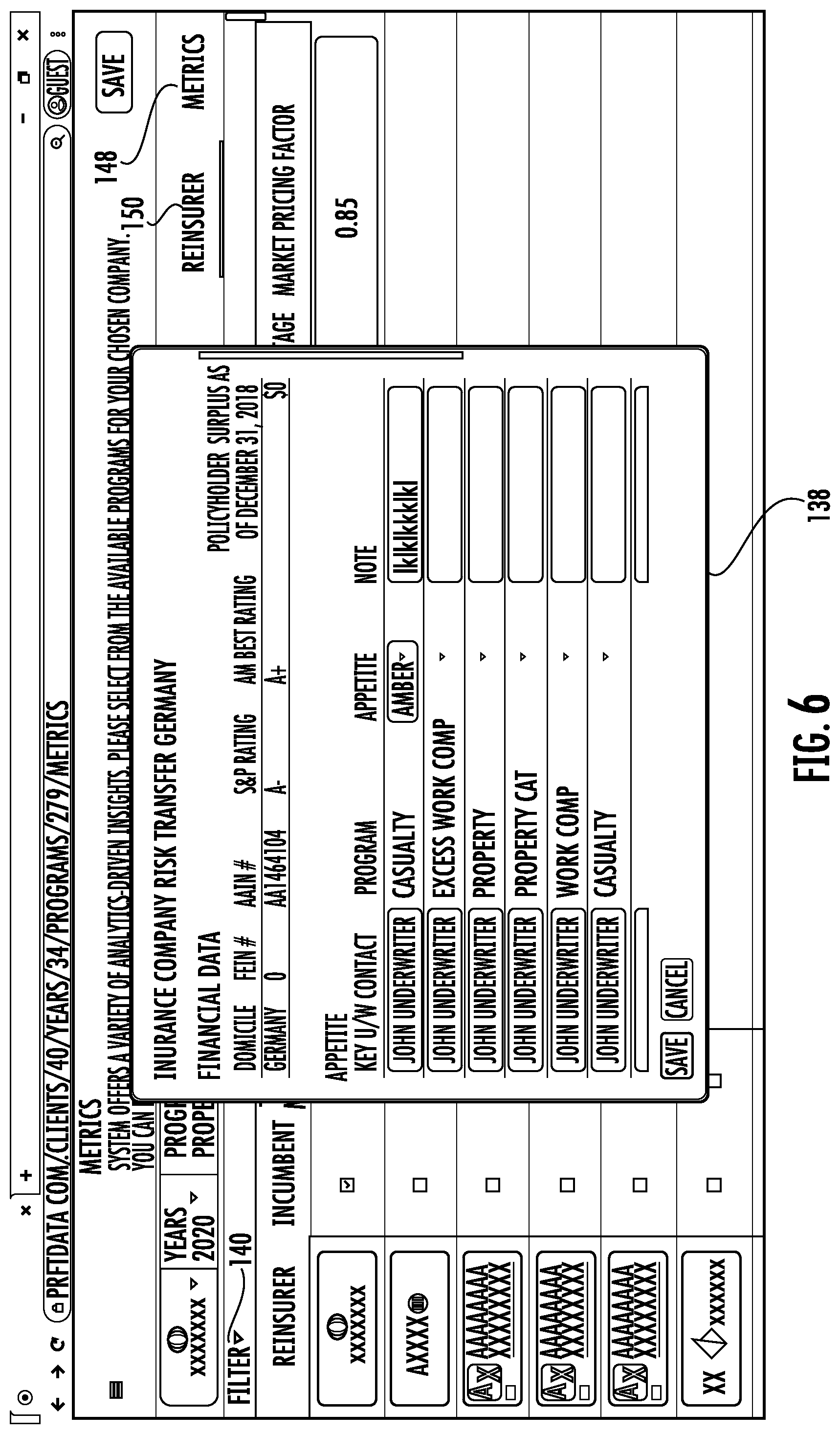 Patent US11783427 Figure 6 – Systems and methods for custom and real-time visualization, comparison and analysis of insurance and reinsurance structures