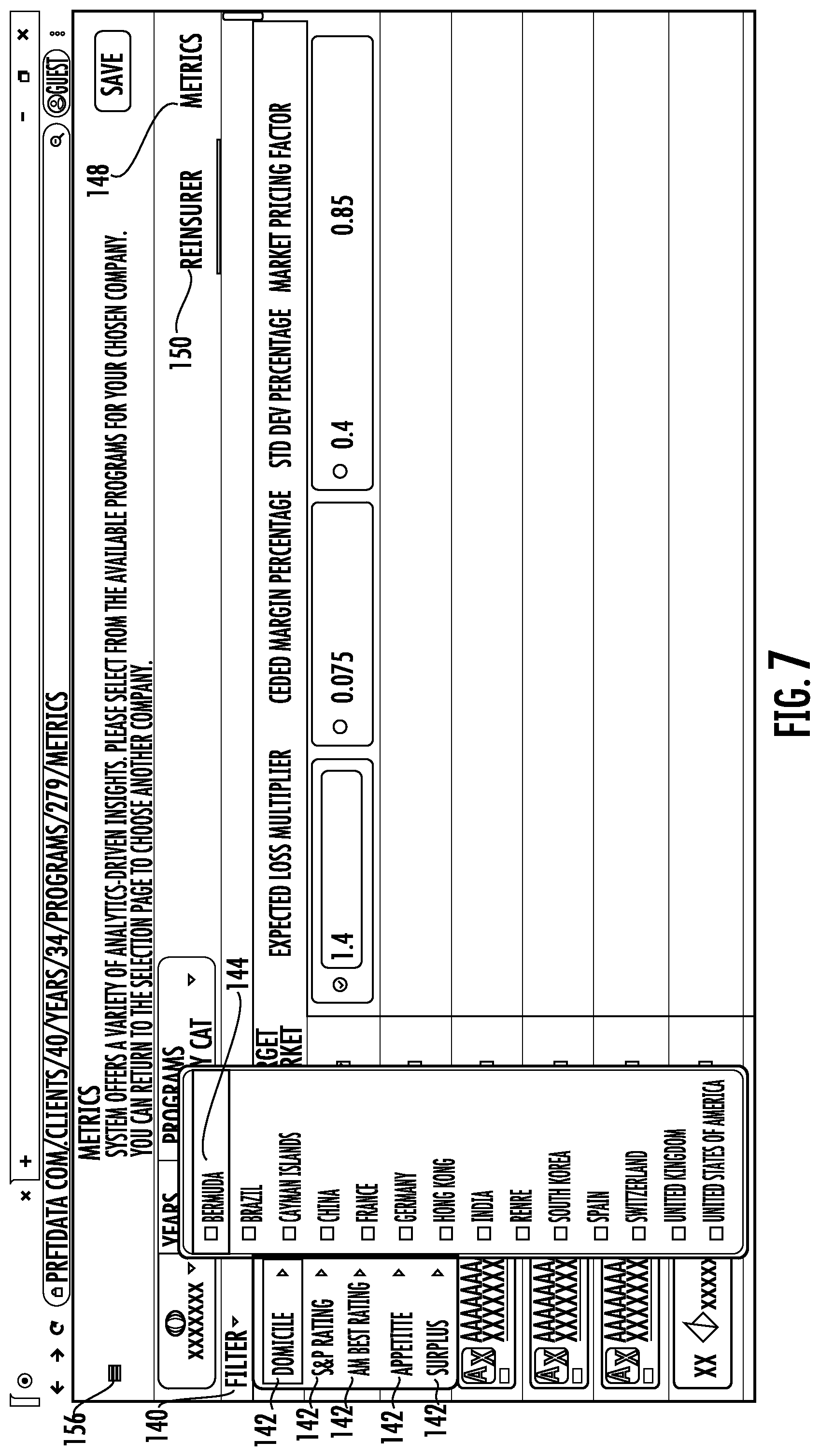 Patent US11783427 Figure 7 – Systems and methods for custom and real-time visualization, comparison and analysis of insurance and reinsurance structures