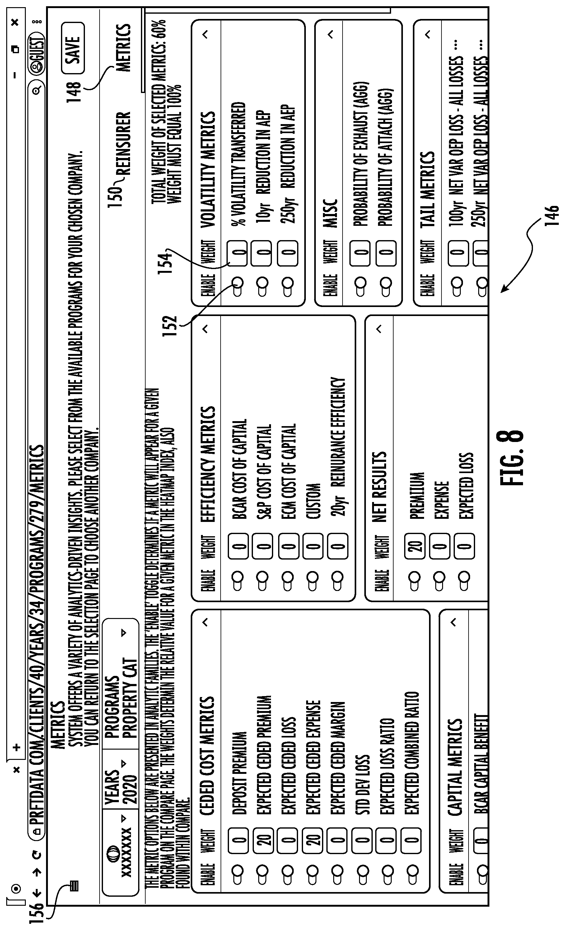 Patent US11783427 Figure 8 – Systems and methods for custom and real-time visualization, comparison and analysis of insurance and reinsurance structures