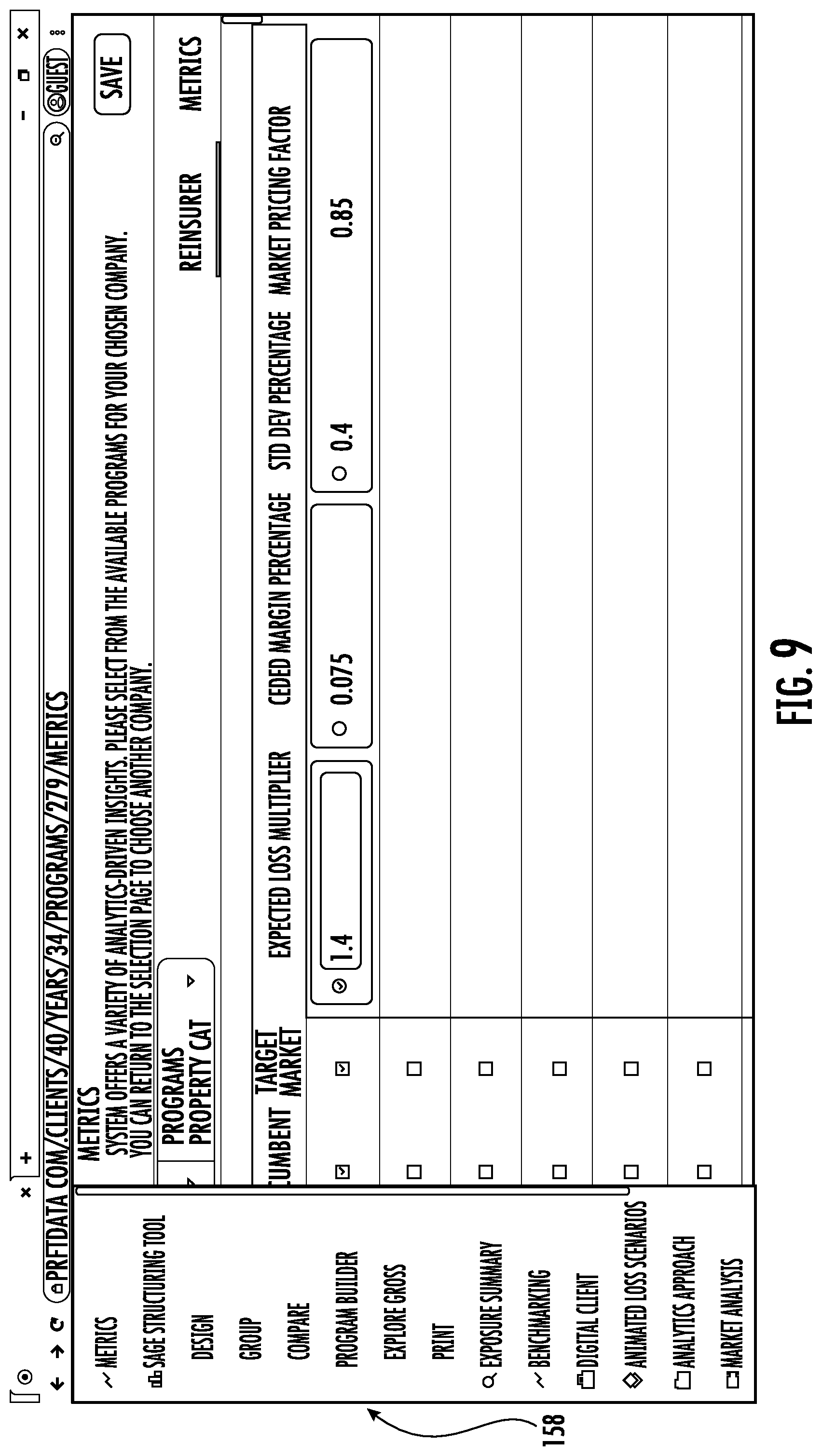 Patent US11783427 Figure 9 – Systems and methods for custom and real-time visualization, comparison and analysis of insurance and reinsurance structures
