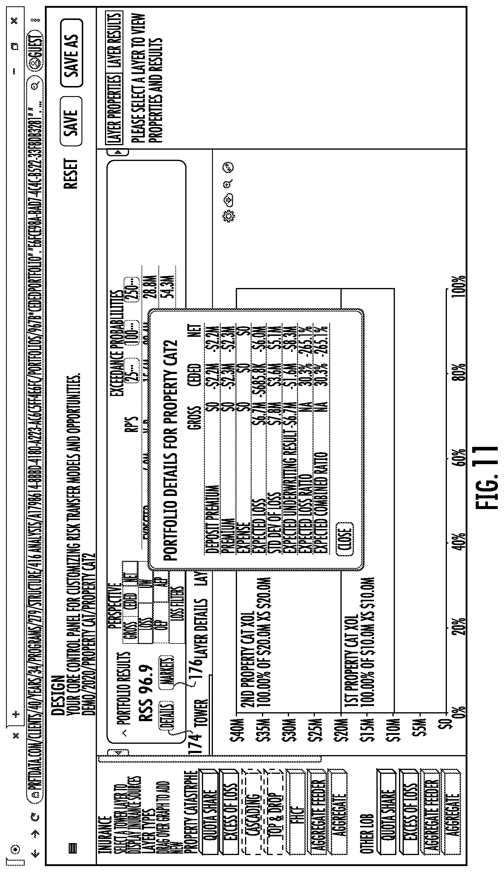 Patent US11783427 Figure 12 – Systems and methods for custom and real-time visualization, comparison and analysis of insurance and reinsurance structures