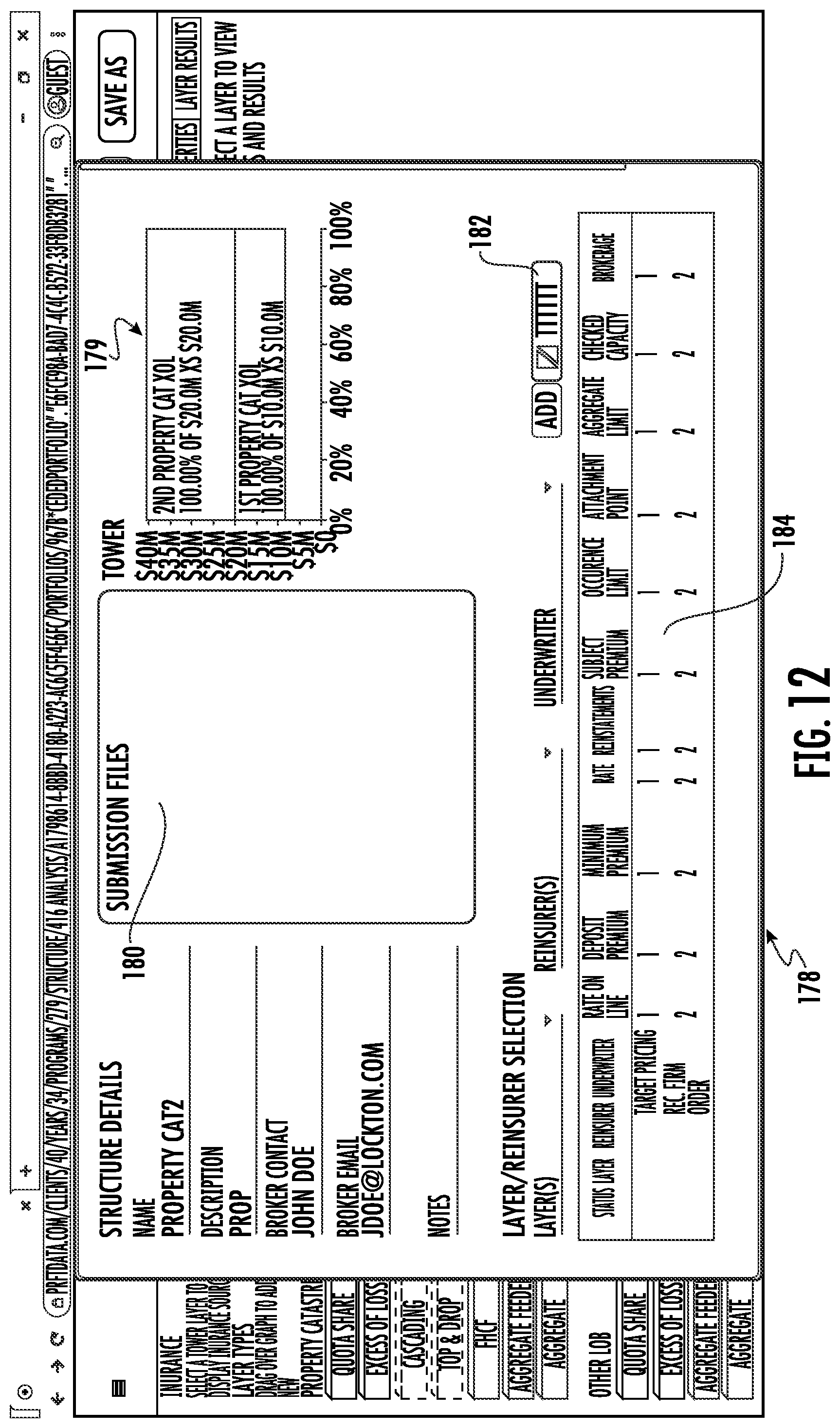Patent US11783427 Figure 13 – Systems and methods for custom and real-time visualization, comparison and analysis of insurance and reinsurance structures
