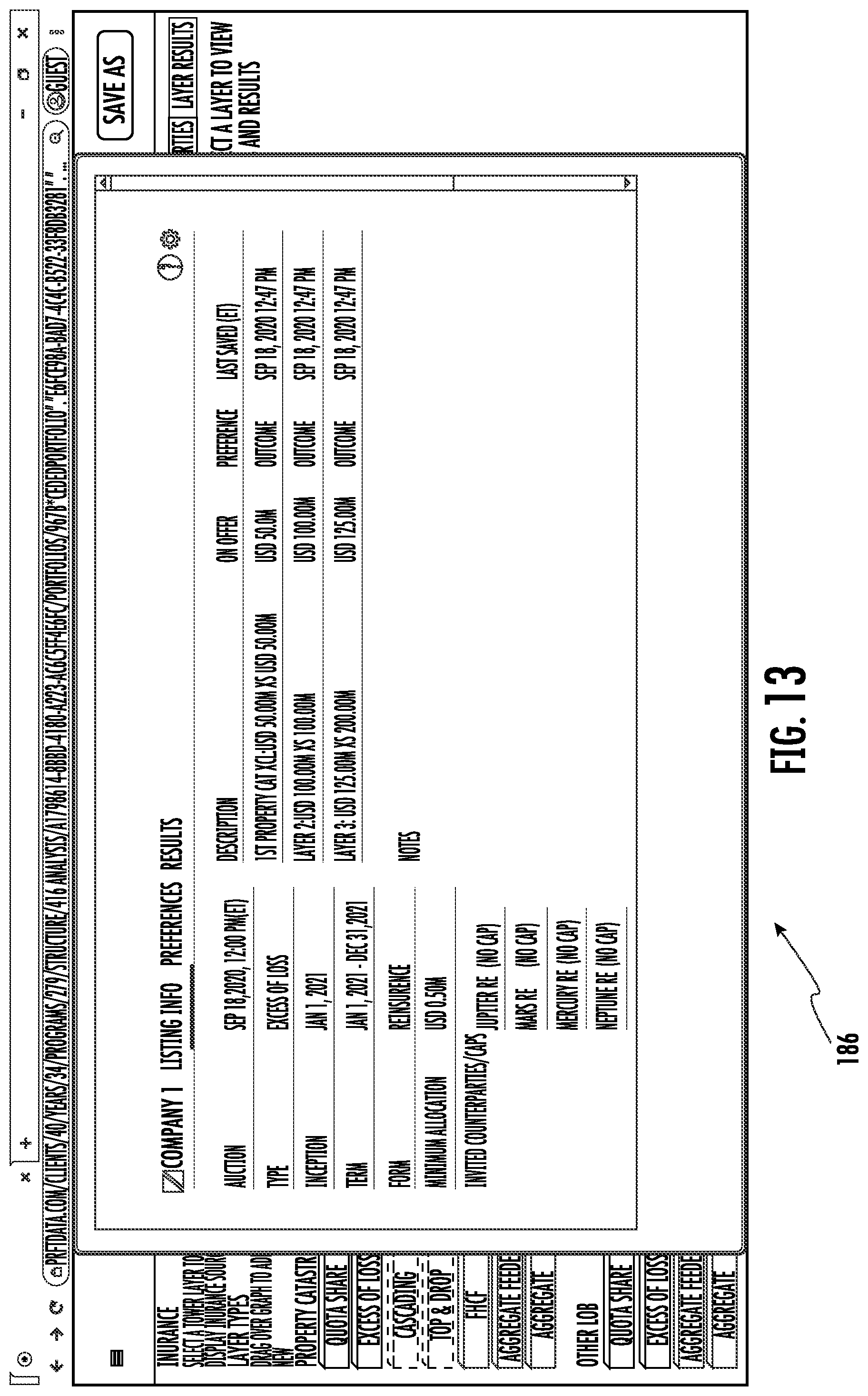Patent US11783427 Figure 14 – Systems and methods for custom and real-time visualization, comparison and analysis of insurance and reinsurance structures