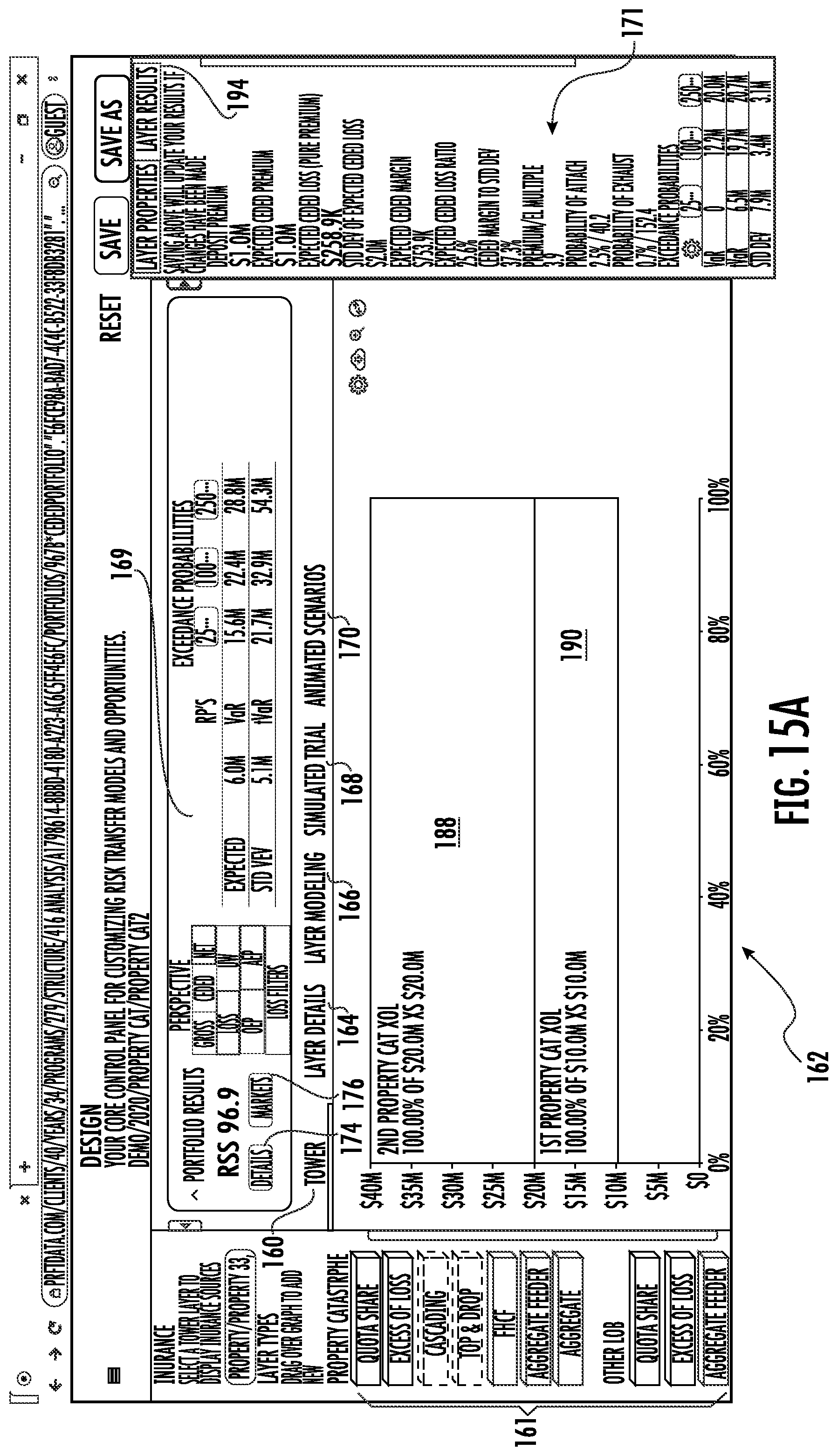 Patent US11783427 Figure 16 – Systems and methods for custom and real-time visualization, comparison and analysis of insurance and reinsurance structures