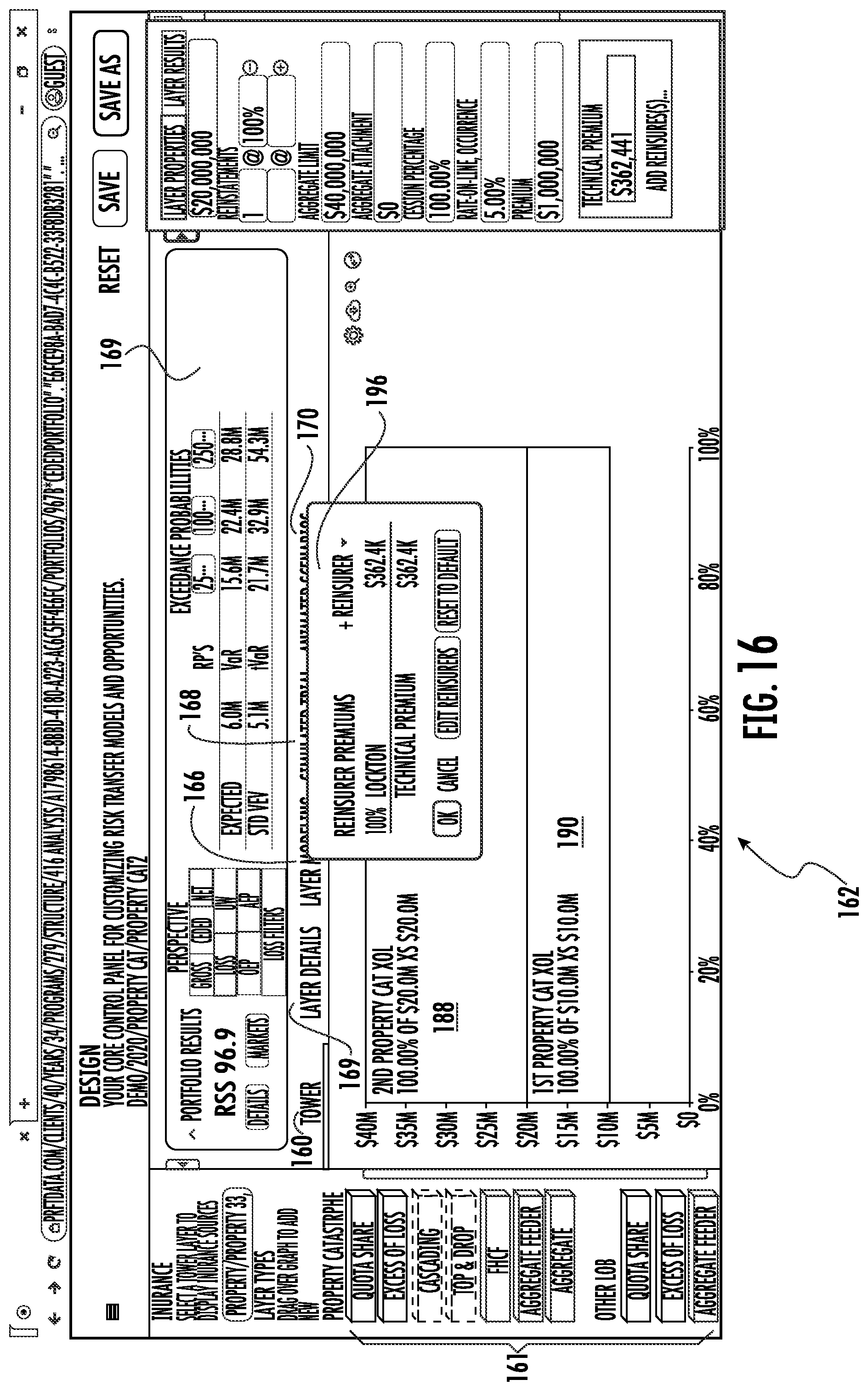 Patent US11783427 Figure 18 – Systems and methods for custom and real-time visualization, comparison and analysis of insurance and reinsurance structures