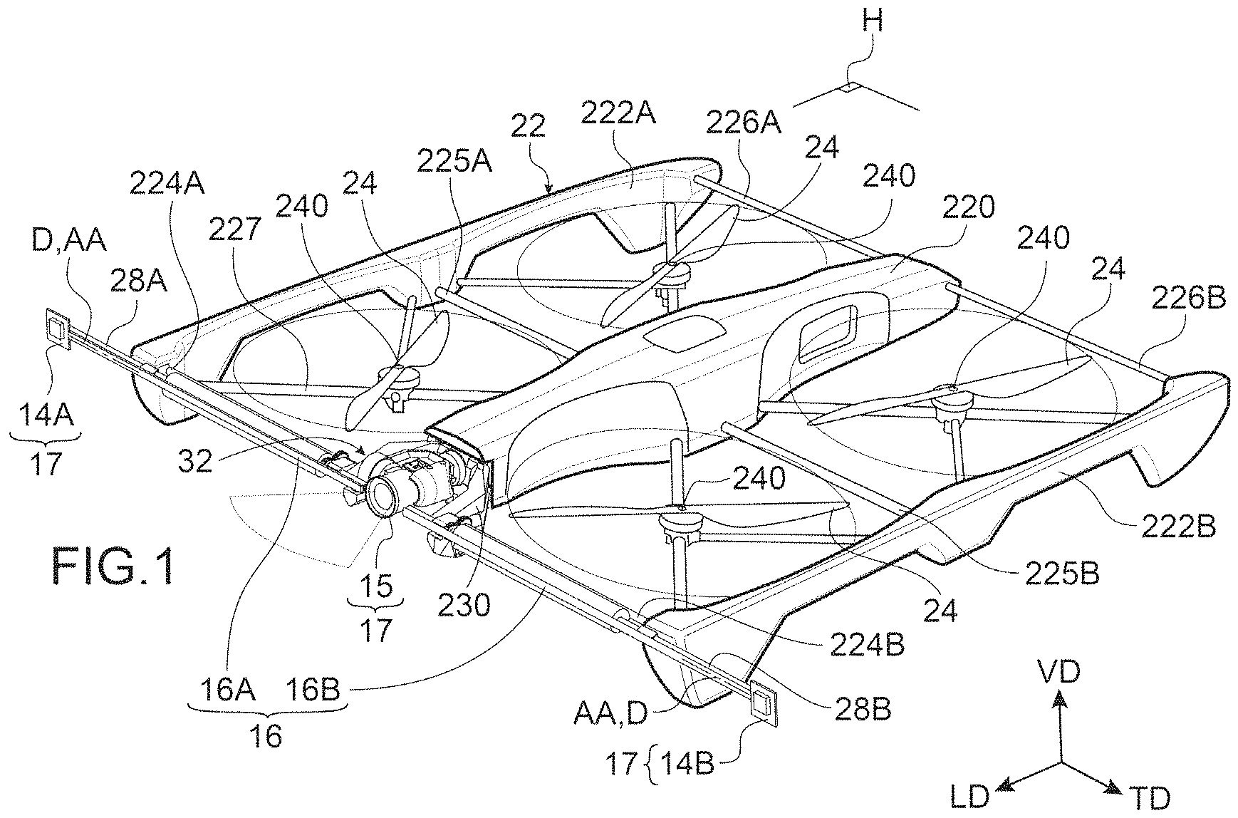 Patent US11783465 Figure 1 – Flying drone for inspecting surfaces, and method for inspecting surfaces by such a flying drone
