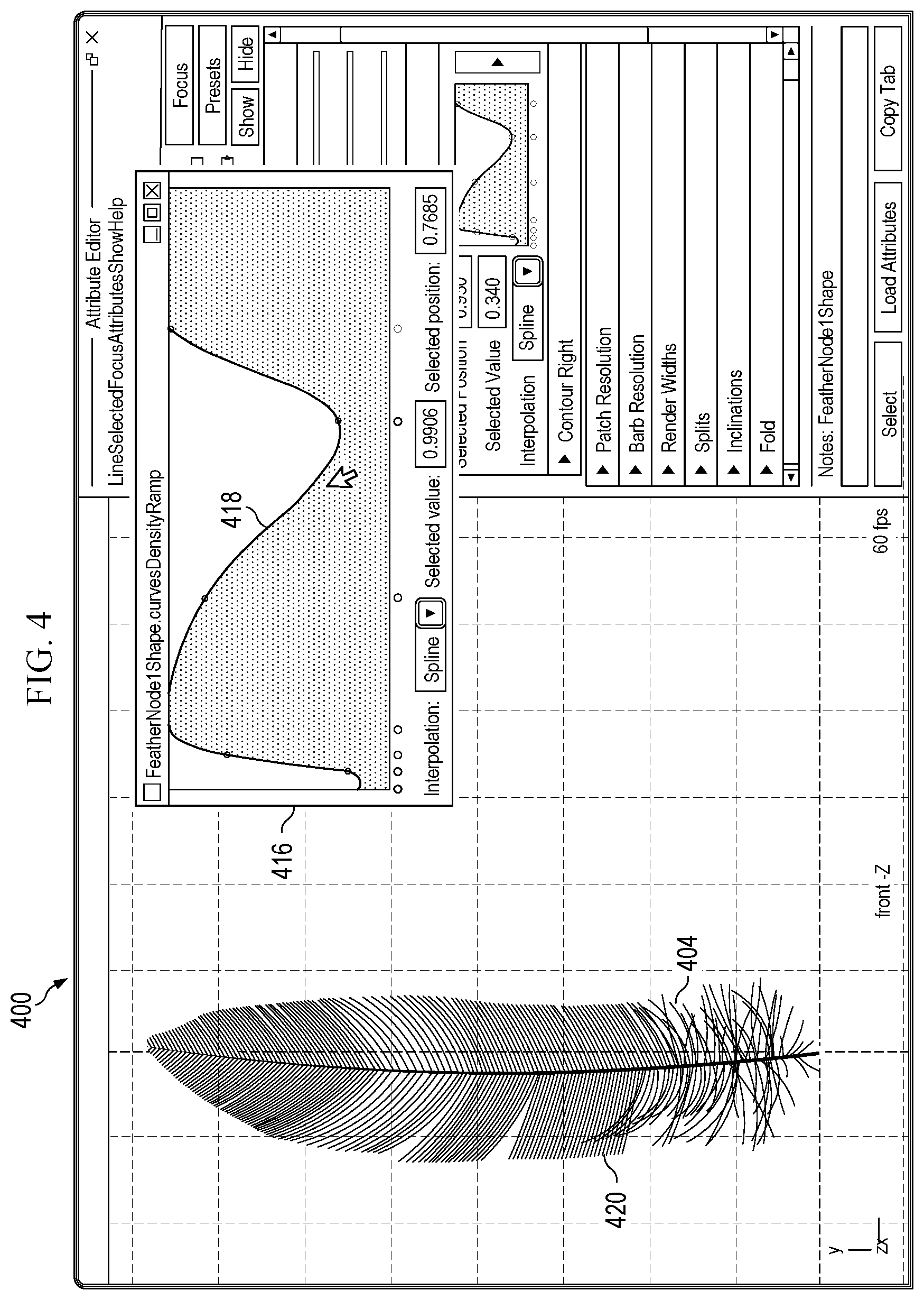 Patent US11783516 Figure 4 – Method for controlling digital feather generations through a user interface in a computer modeling system