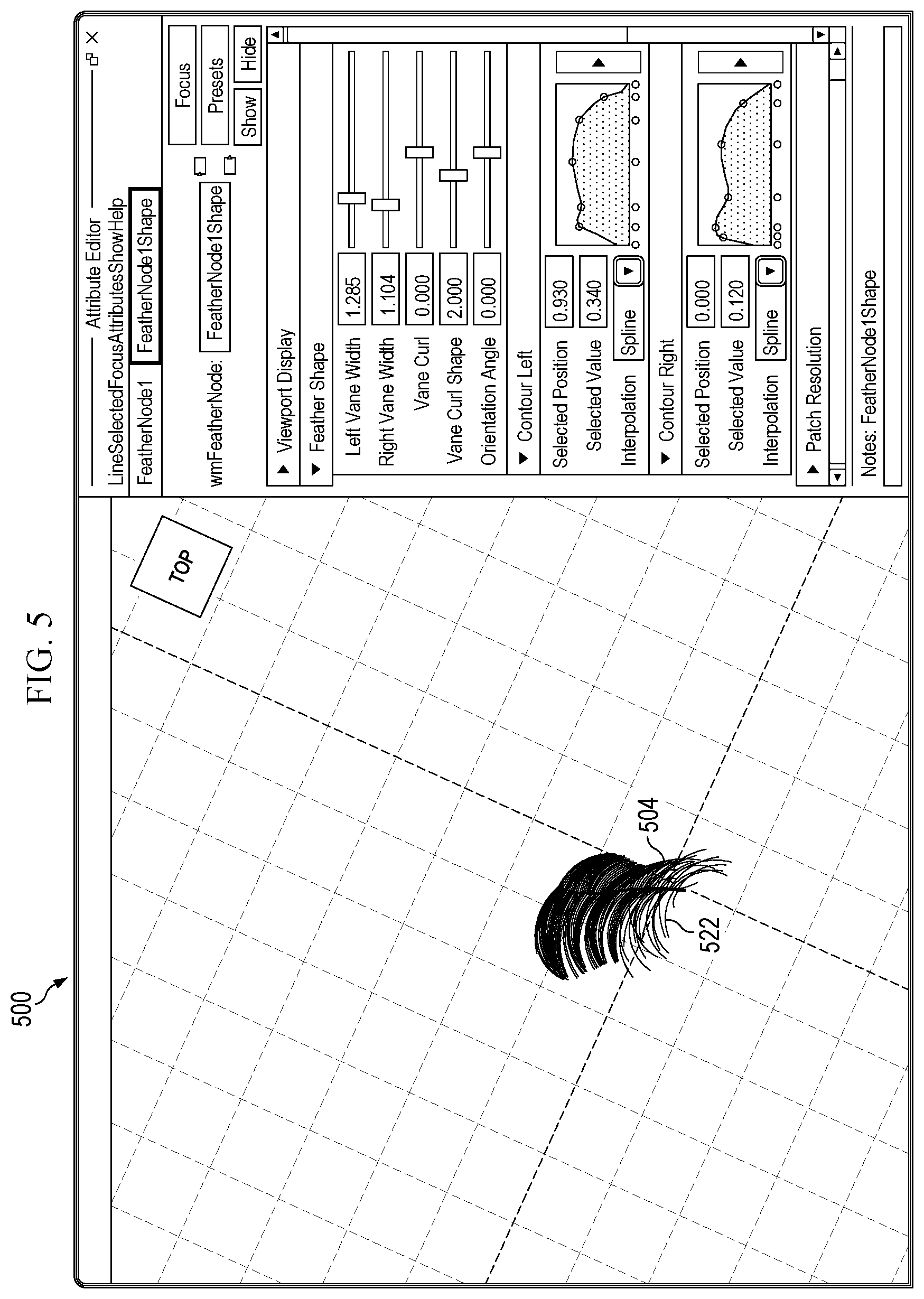 Patent US11783516 Figure 5 – Method for controlling digital feather generations through a user interface in a computer modeling system