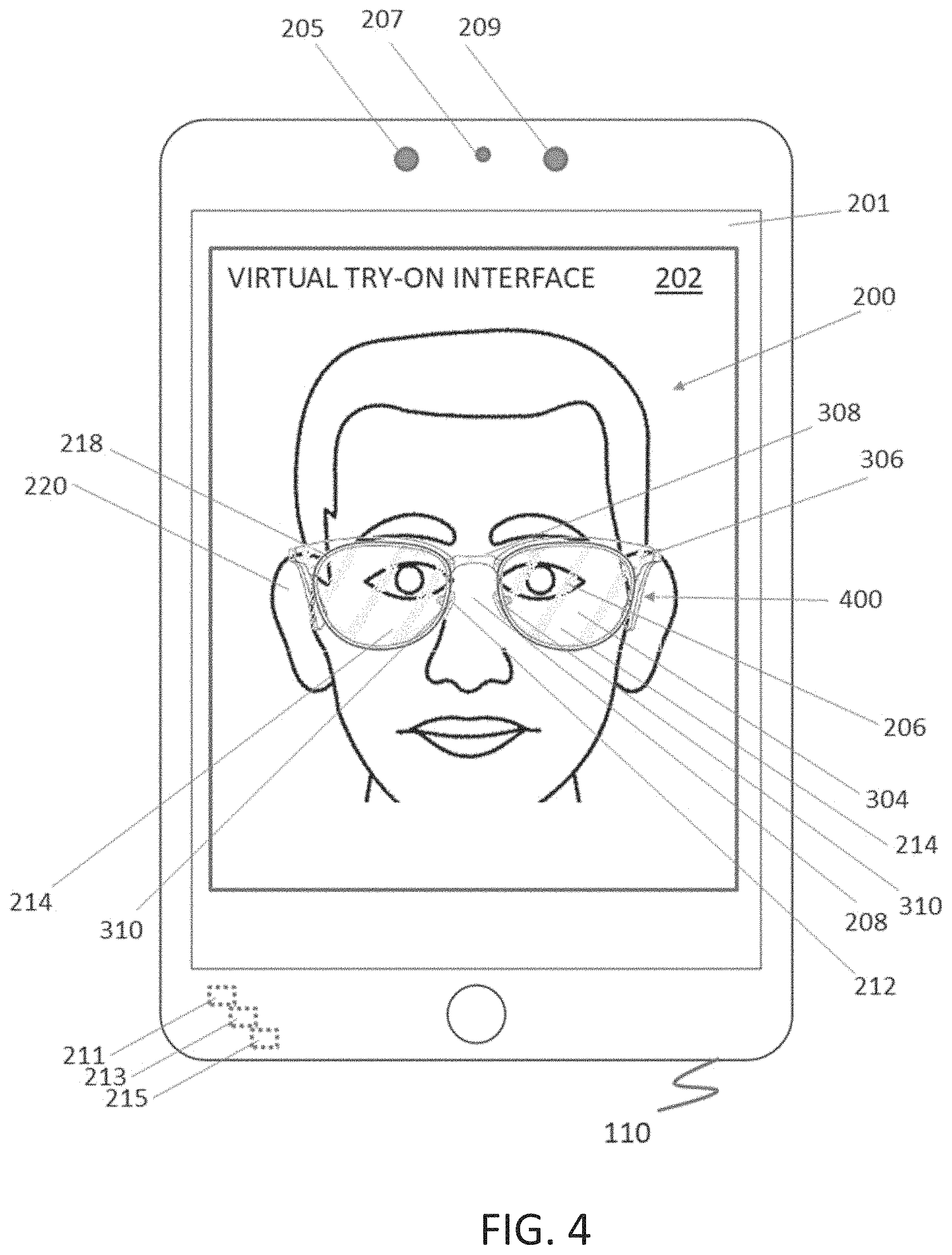 Patent US11783557 Figure 4 – Virtual try-on systems and methods for spectacles