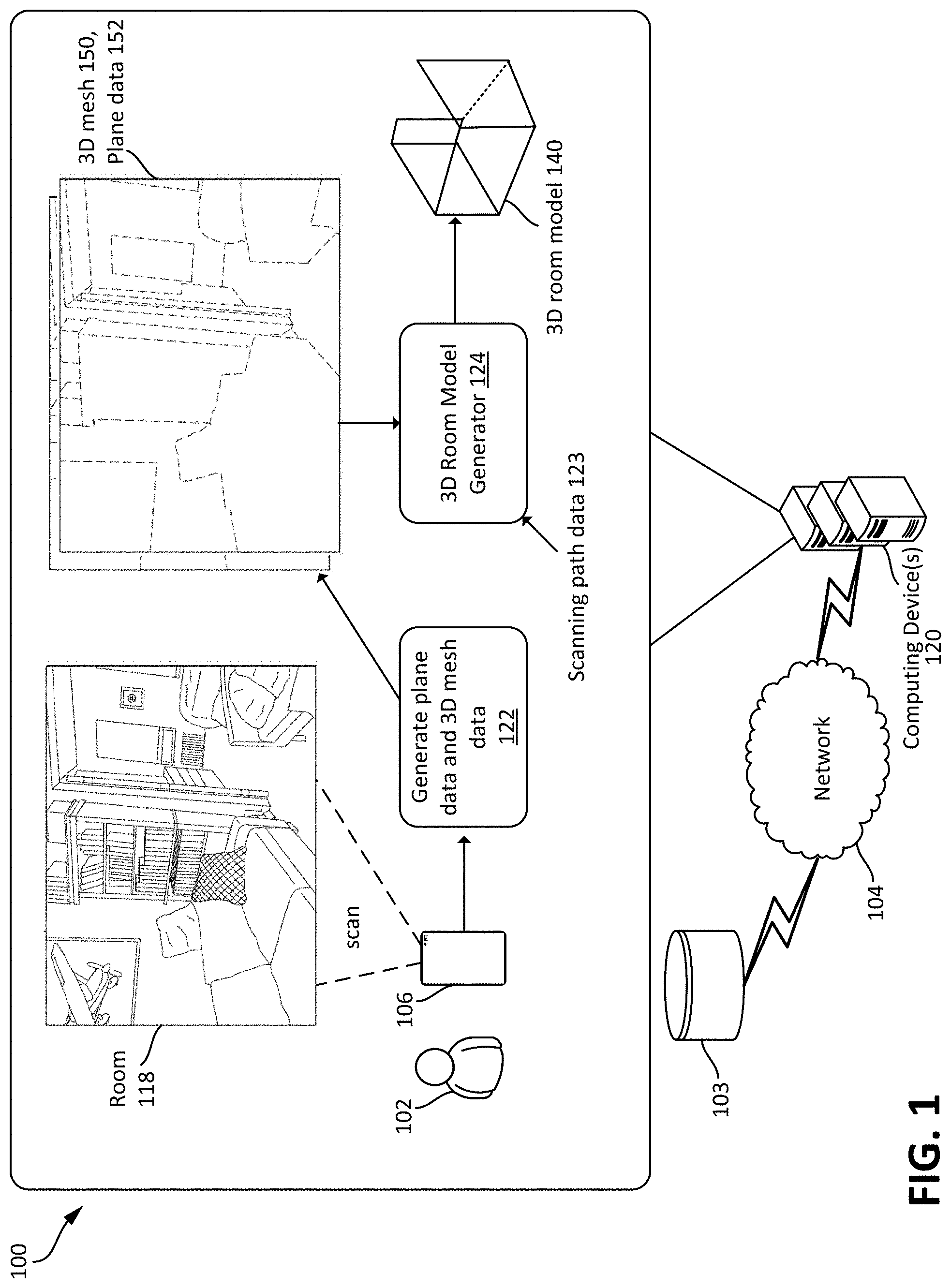 Patent US11783560 Figure 1 – Three-dimensional room modeling and feature annotation