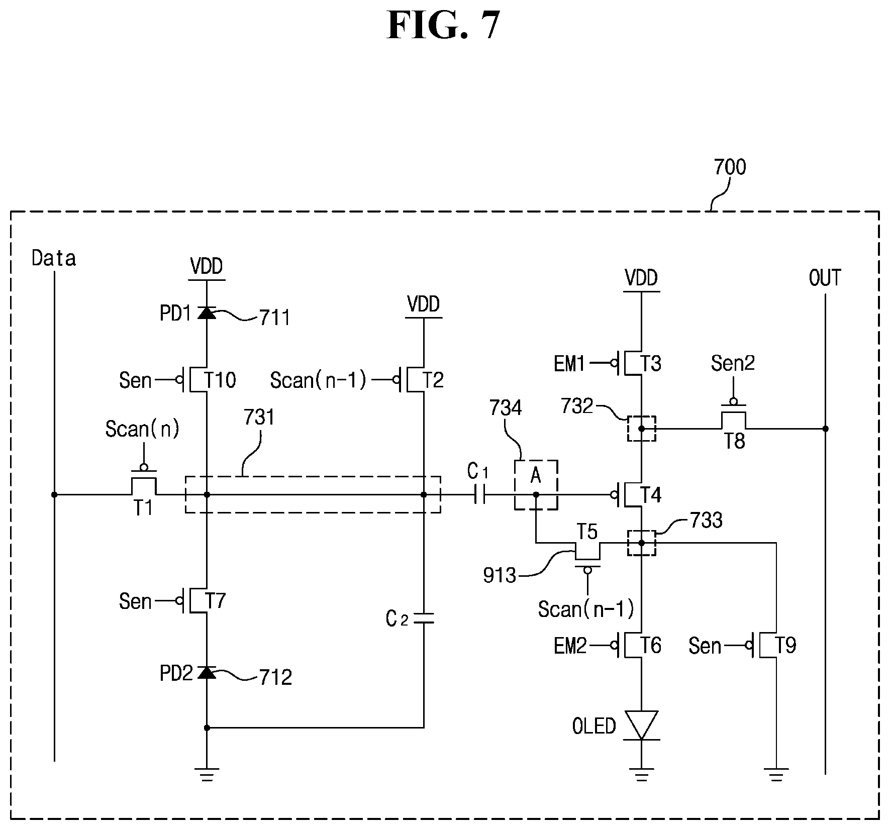 Patent US11783617 Figure 7 – Pixel circuit comprising optical fingerprint sensing circuit, method for driving pixel circuit, and organic light-emitting display device