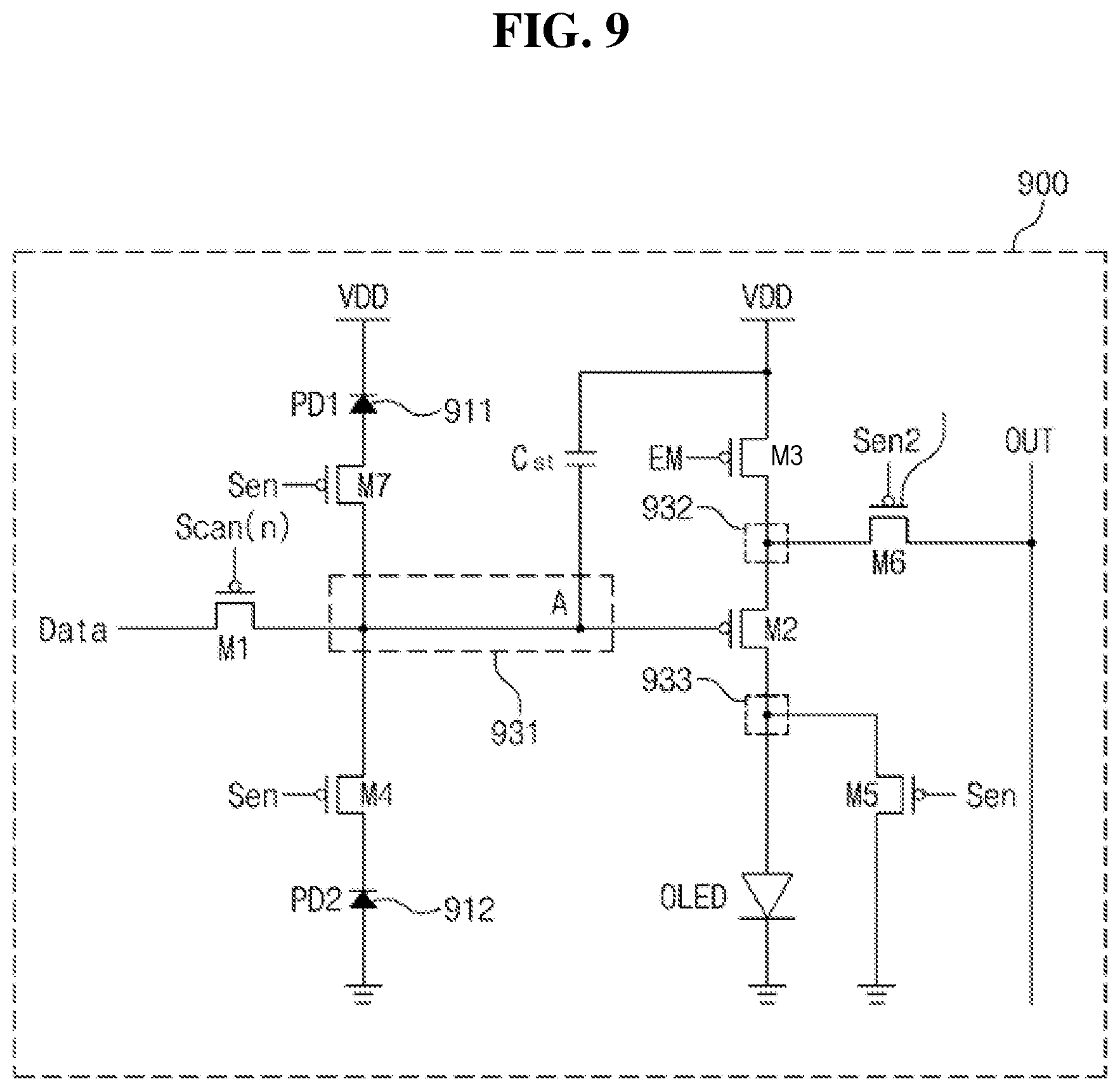 Patent US11783617 Figure 9 – Pixel circuit comprising optical fingerprint sensing circuit, method for driving pixel circuit, and organic light-emitting display device