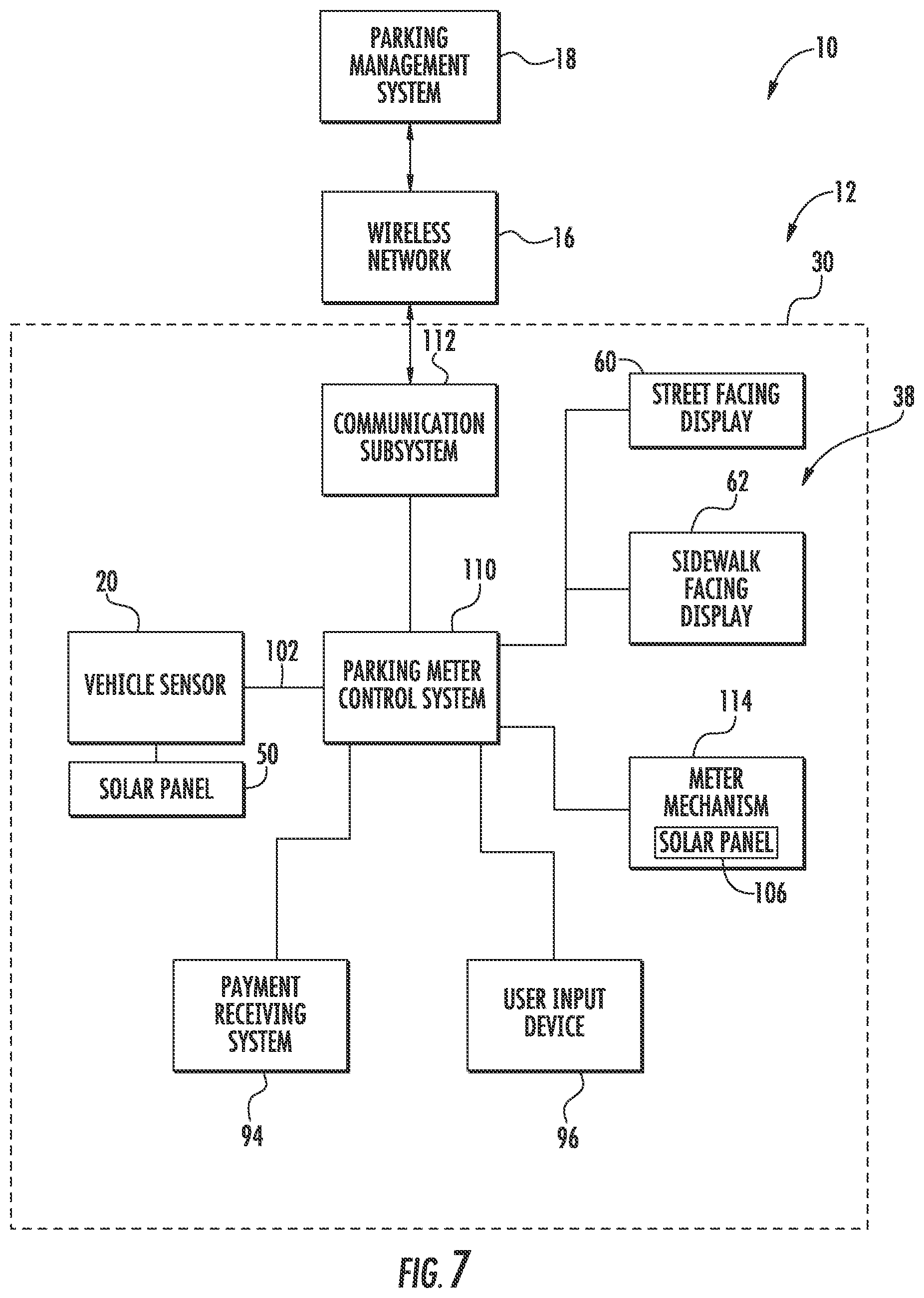 Patent US11783661 Figure 6 – Single space electronic parking meter with meter housing mounted vehicle sensor