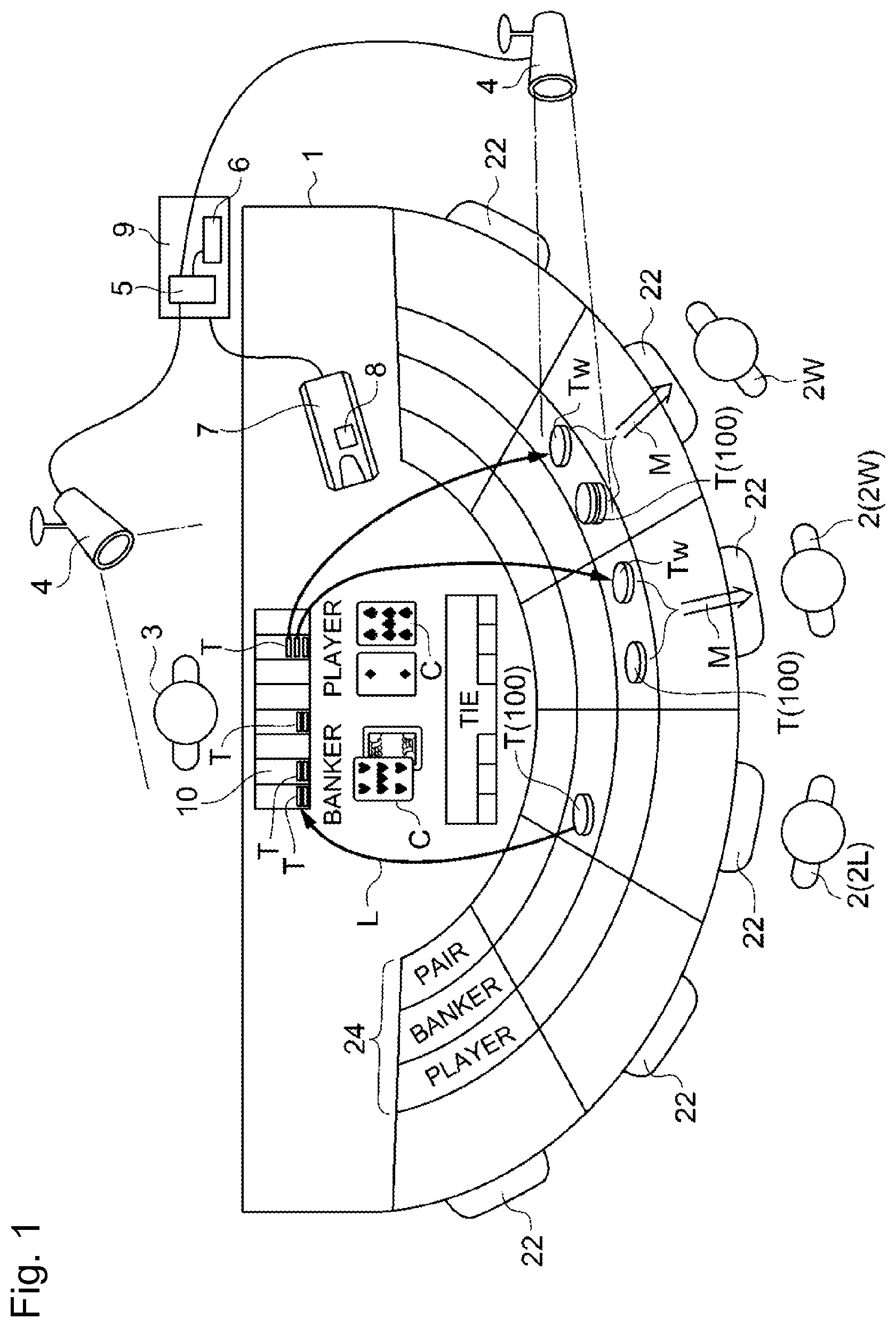 Patent US11783665 Figure 1 – Table game management system and game token