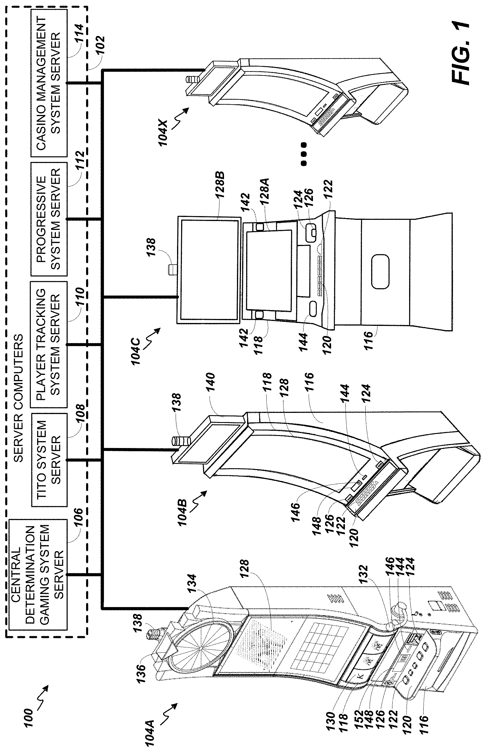 Patent US11783667 Figure 1 – Systems and methods for securely connecting an electronic gaming machine to an end user device