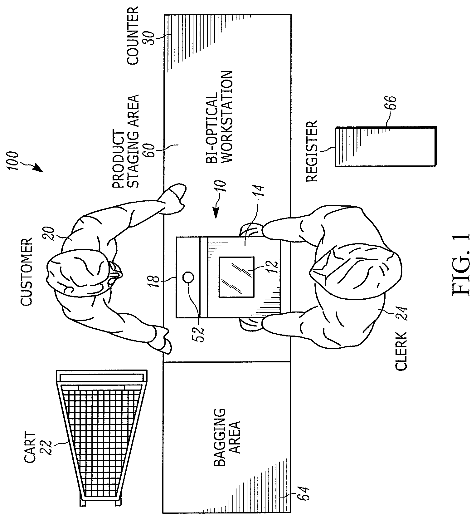 Patent US11783681 Figure 1 – Bioptical barcode reader