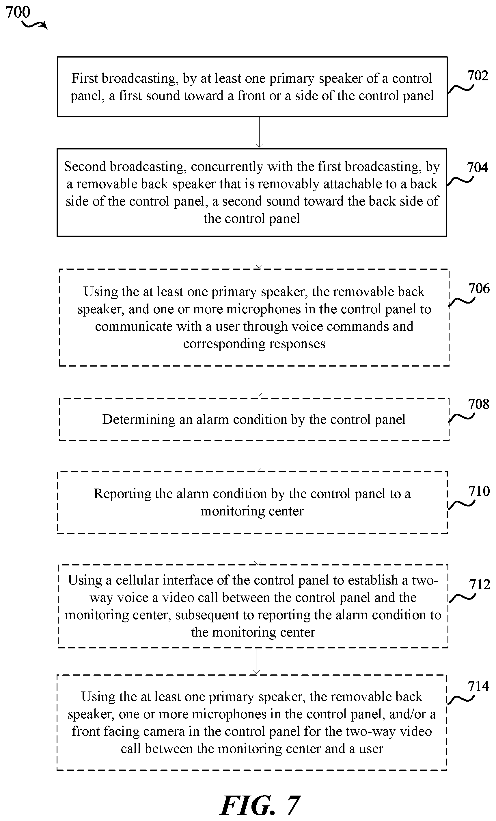 Patent US11783686 Figure 7 – Security / automation system control panel with removable back speaker