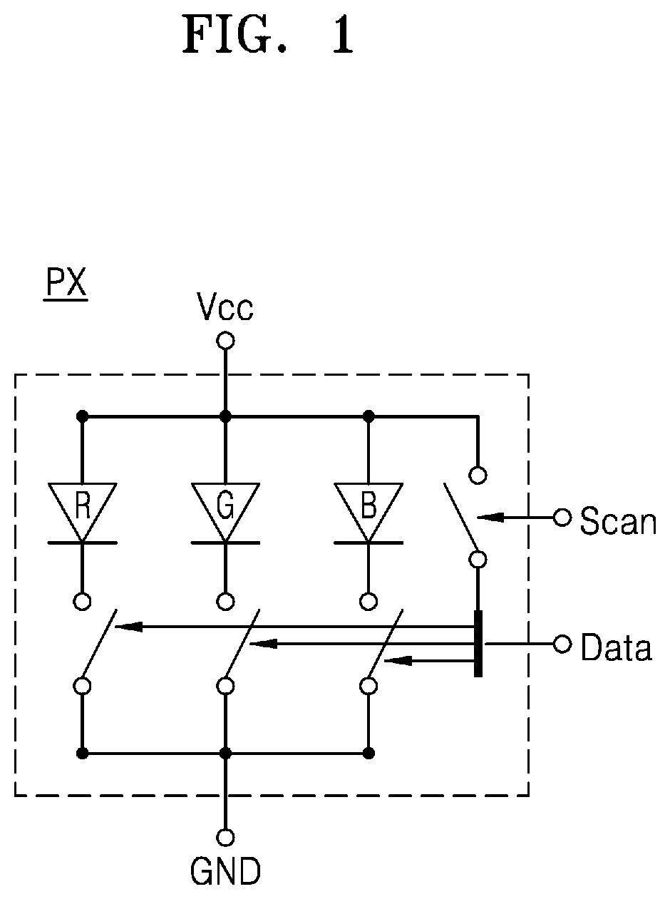 Patent US11783746 Figure 1 – Pixel having reduced number of contact points, and digital driving method