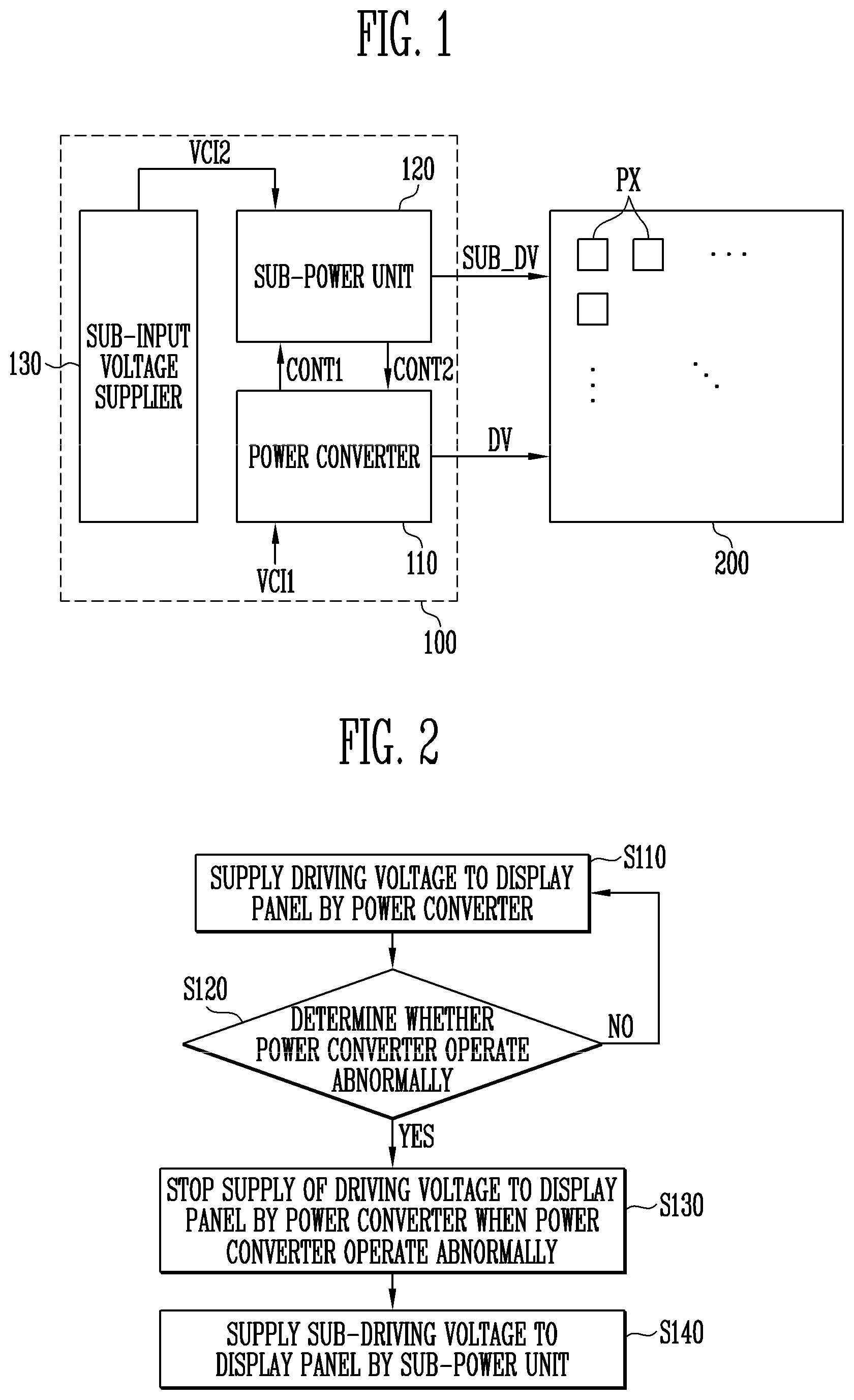 Patent US11783768 Figure 1 – Power supply device supplying sub-driving voltage to display device during abnormal operation