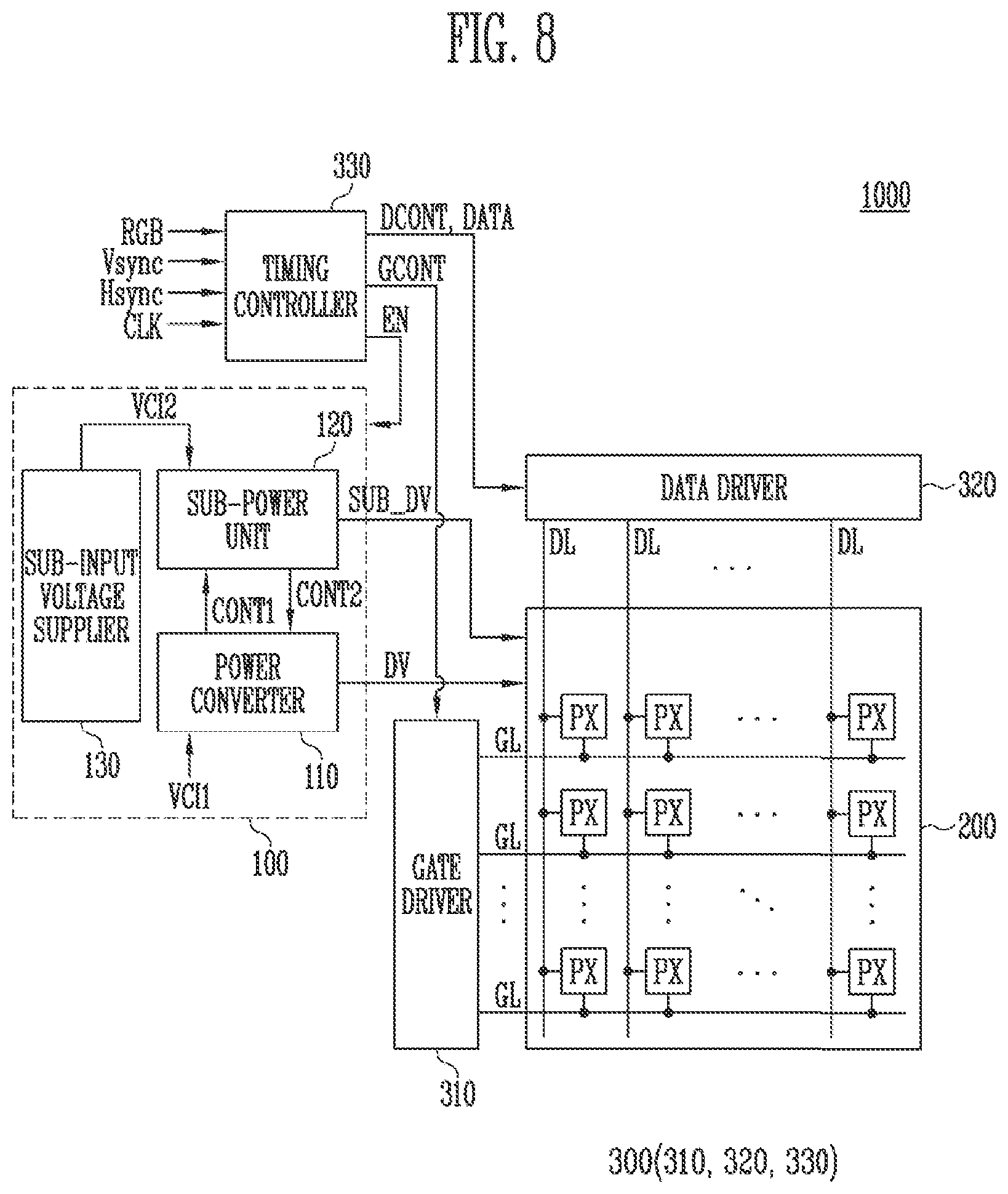 Patent US11783768 Figure 7 – Power supply device supplying sub-driving voltage to display device during abnormal operation