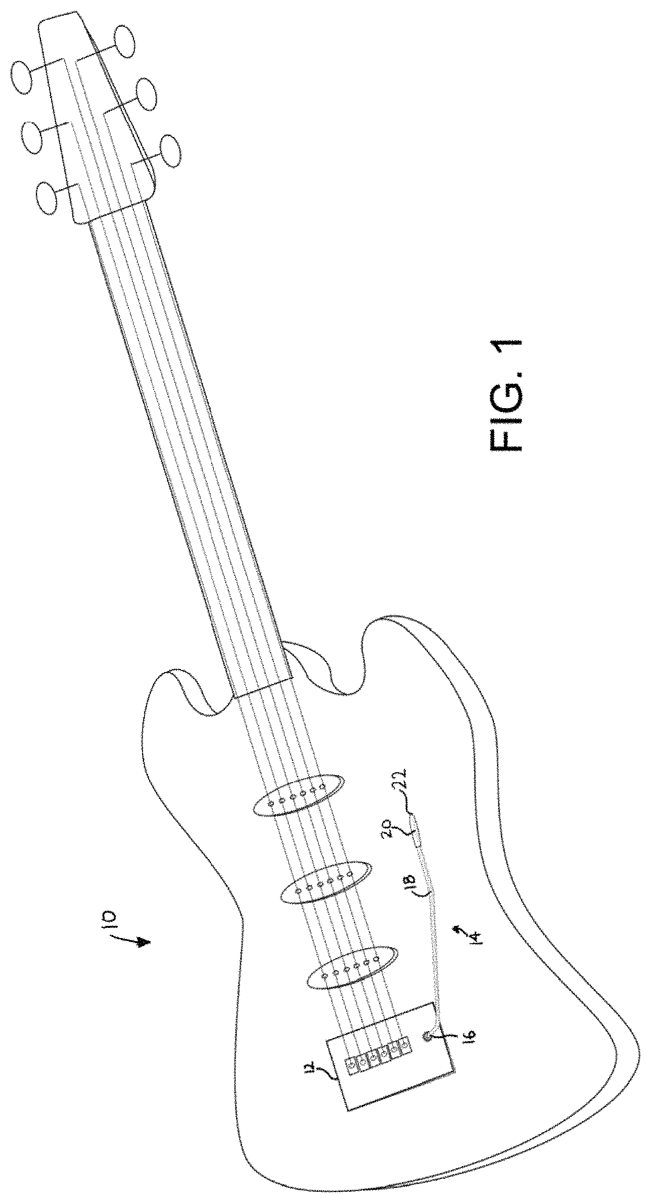 Patent US11783802 Figure 1 – Tremolo bar attachment accessory device