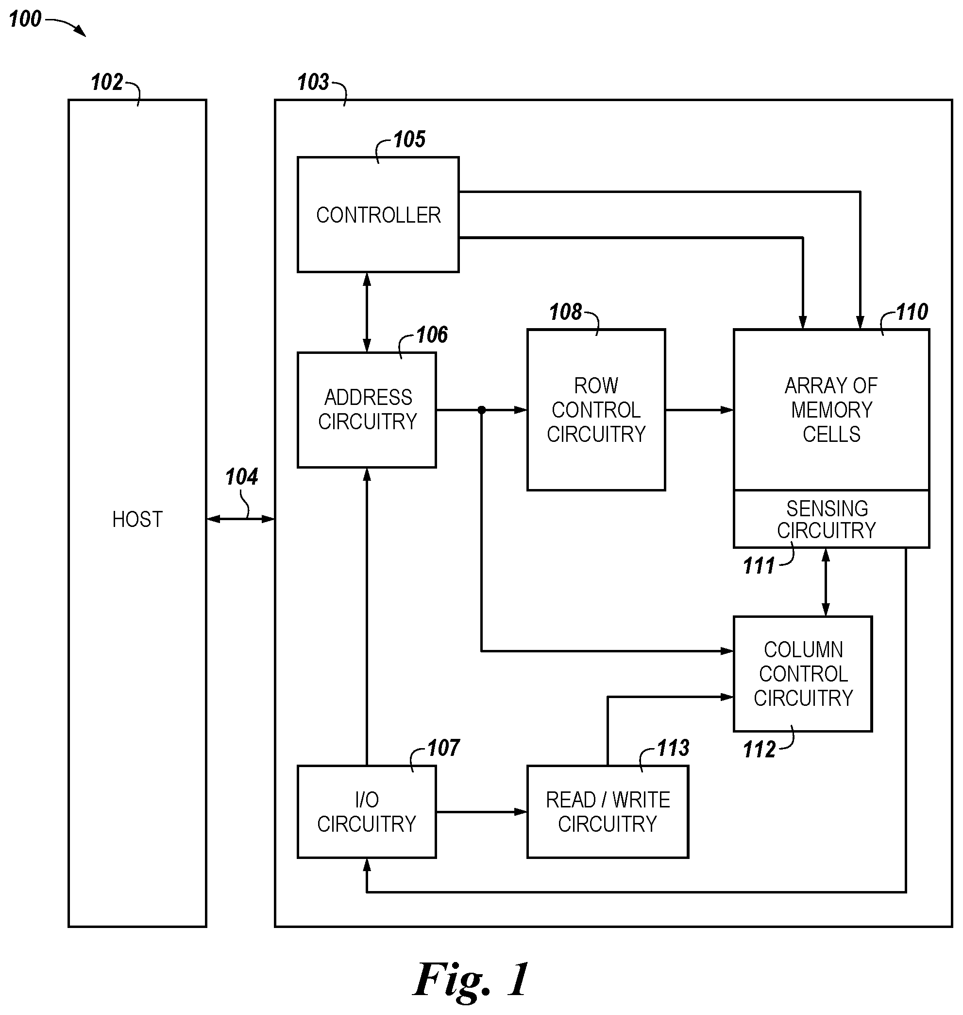 Patent US11783872 Figure 1 – Apparatuses and methods for performing operations using sense amplifiers and intermediary circuitry